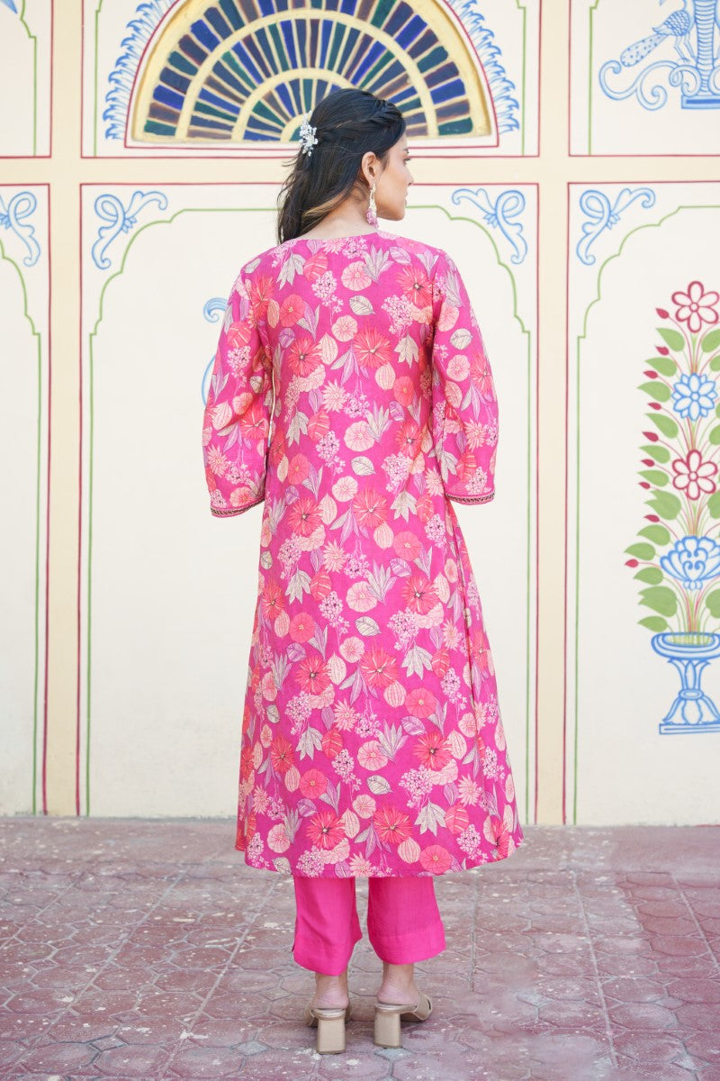 Women Muslin pleated kurta with bead work Neckline & Solid Bottom Set