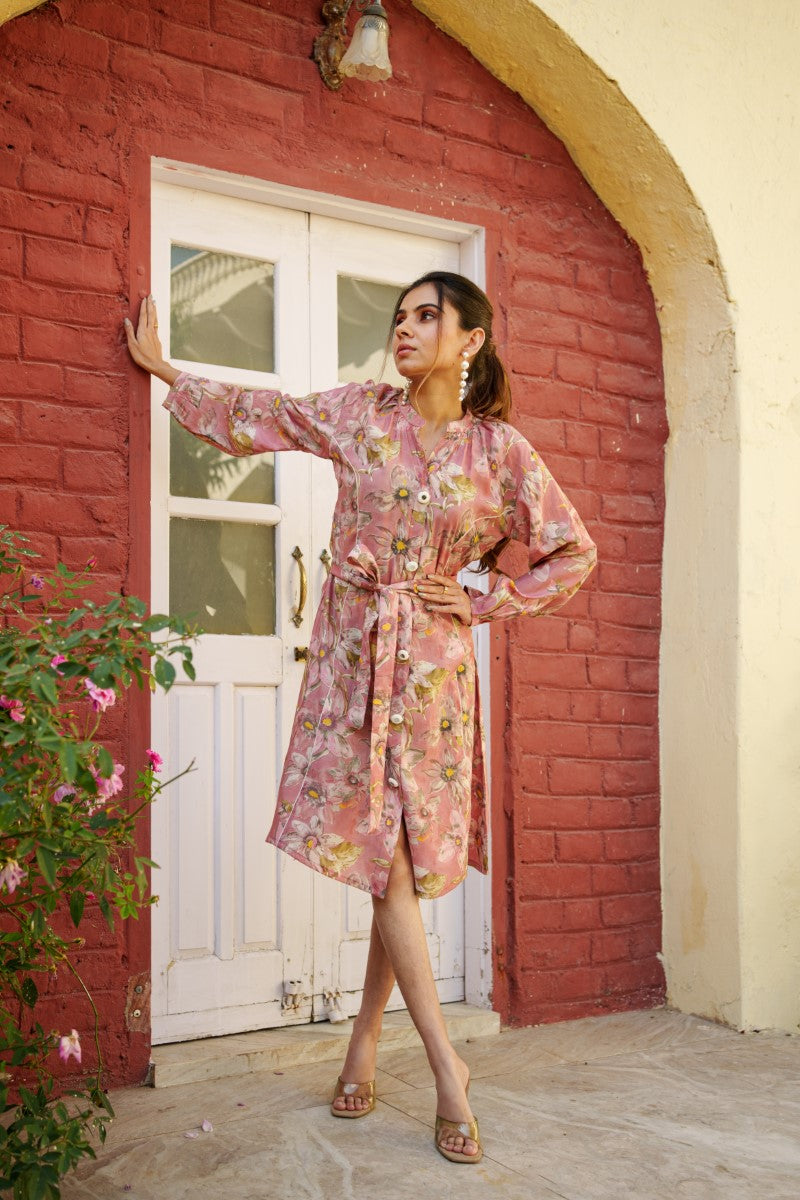 Women Muslin Floral Printed  Knee length Dress with Belt