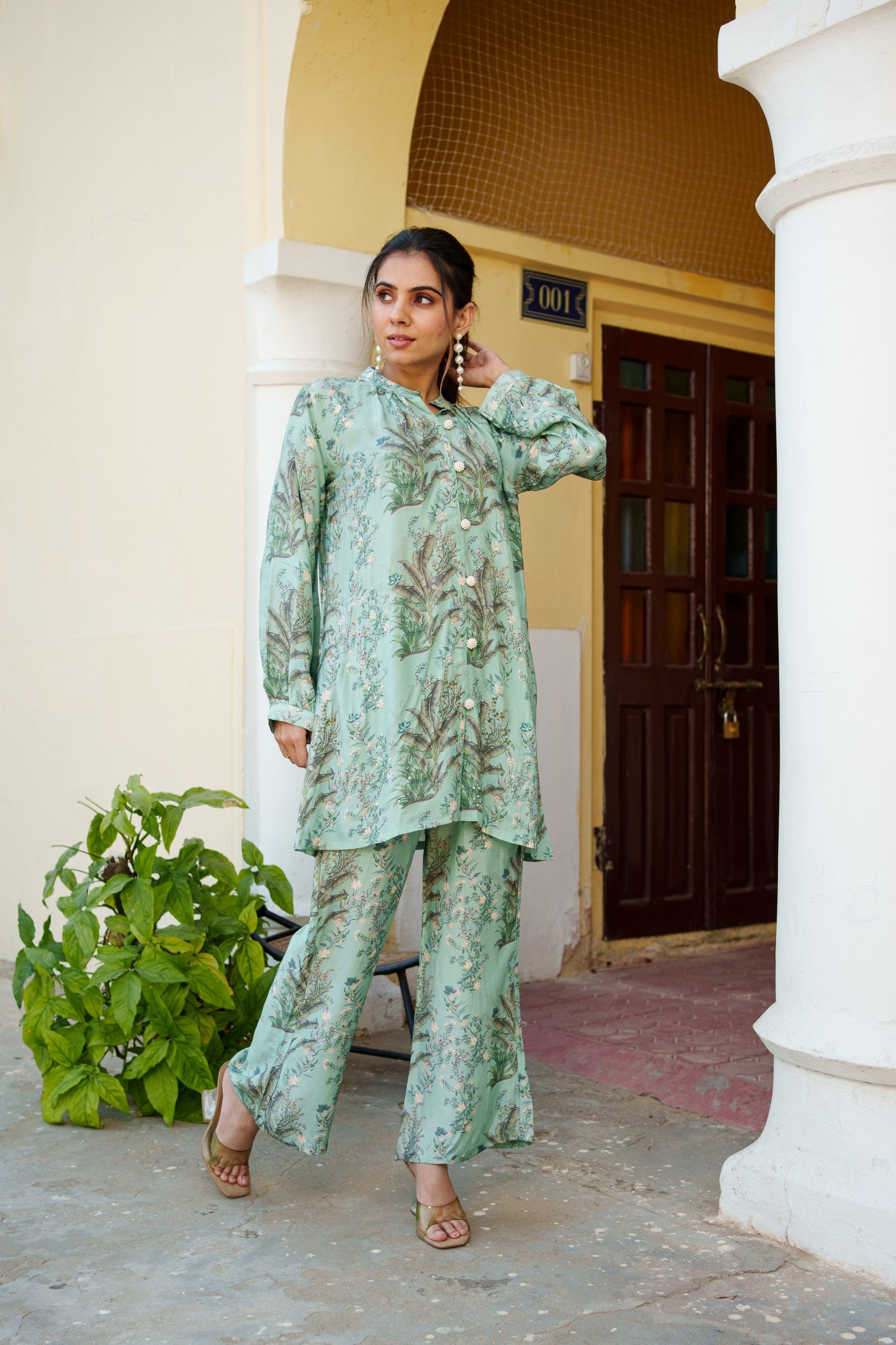 Women Sky Blue Muslin Printed Cord Set with embroidered Shirt & Bottom Set