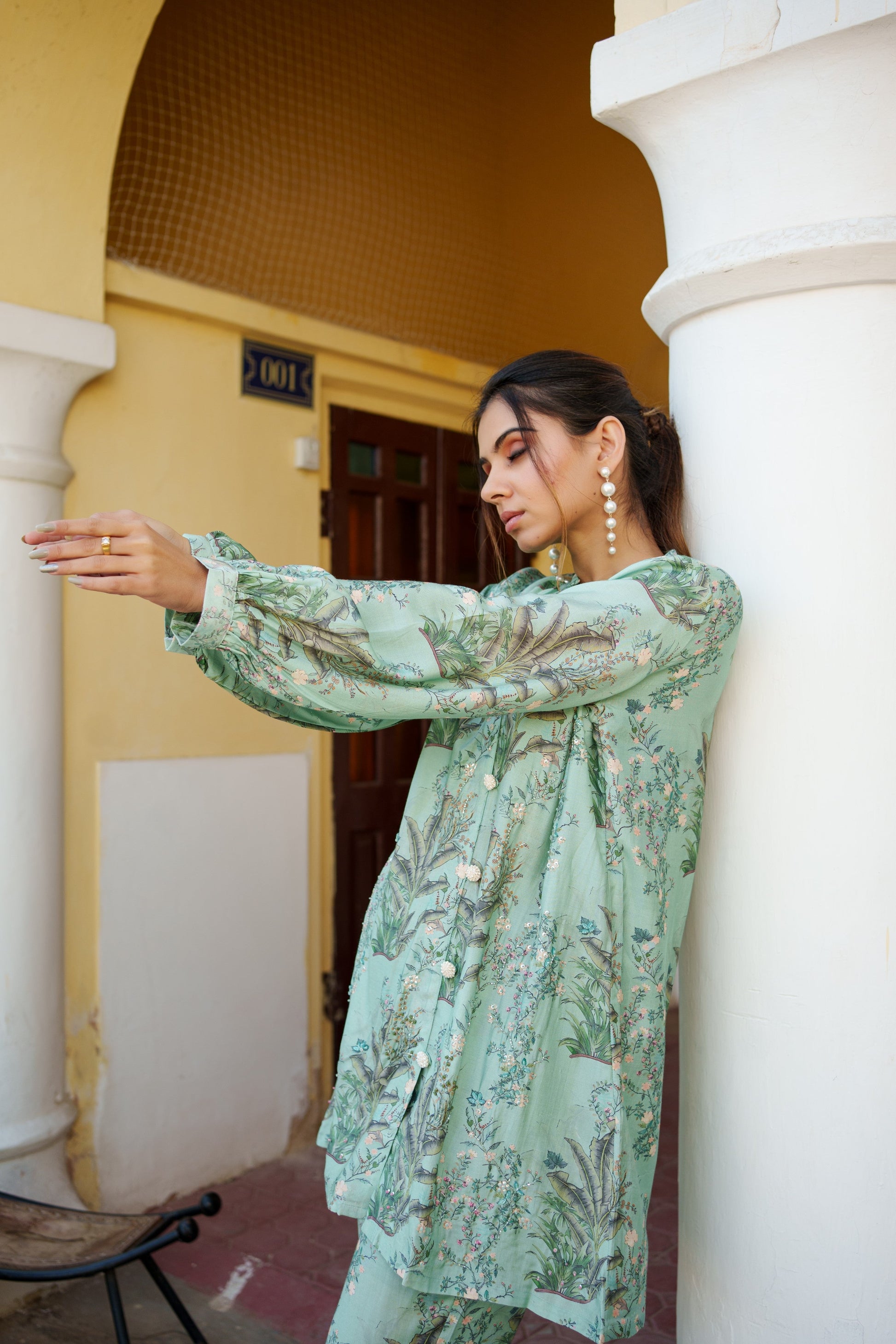 Women Sky Blue Muslin Printed Cord Set with embroidered Shirt & Bottom Set