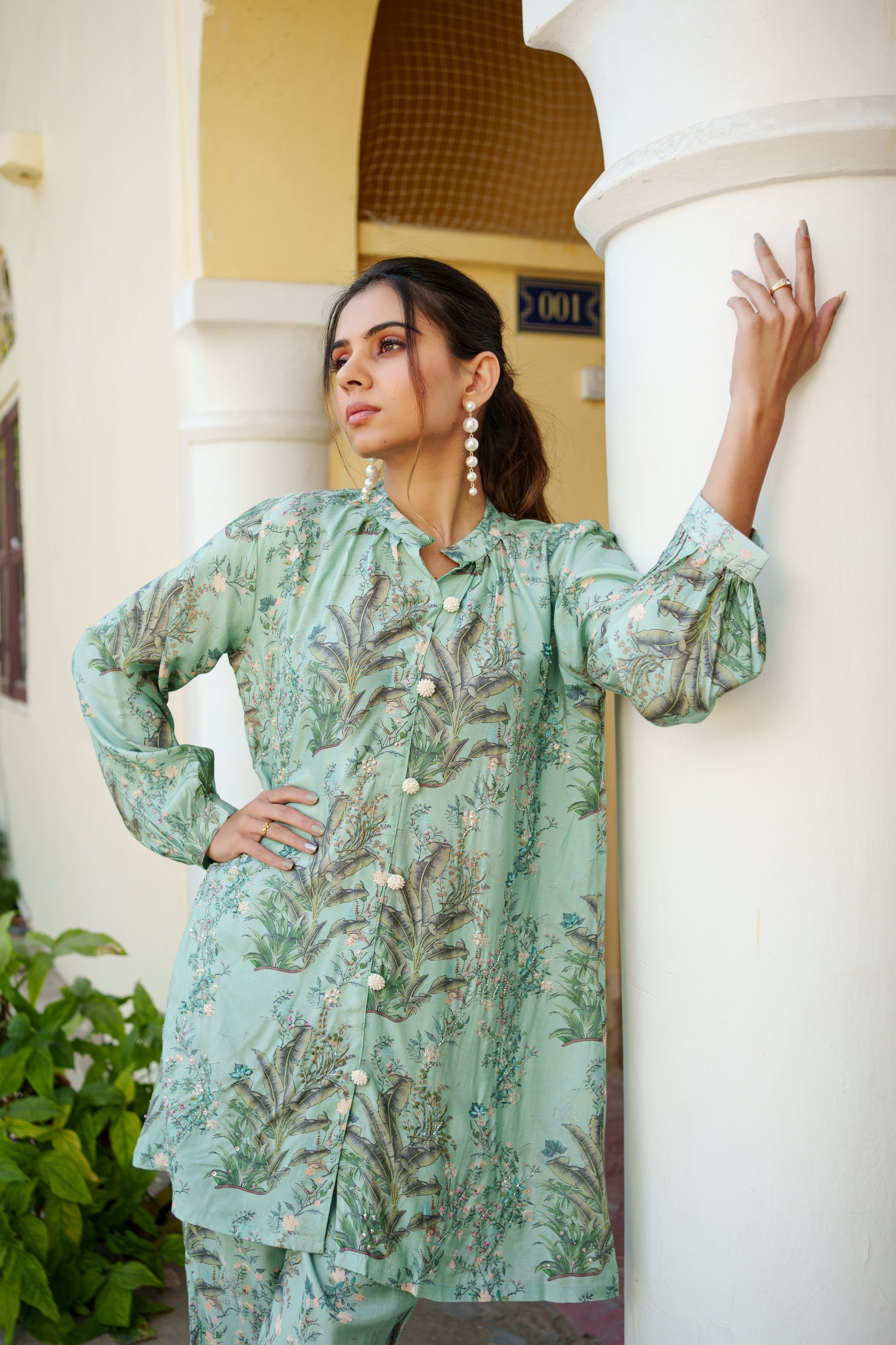 Women Sky Blue Muslin Printed Cord Set with embroidered Shirt & Bottom Set