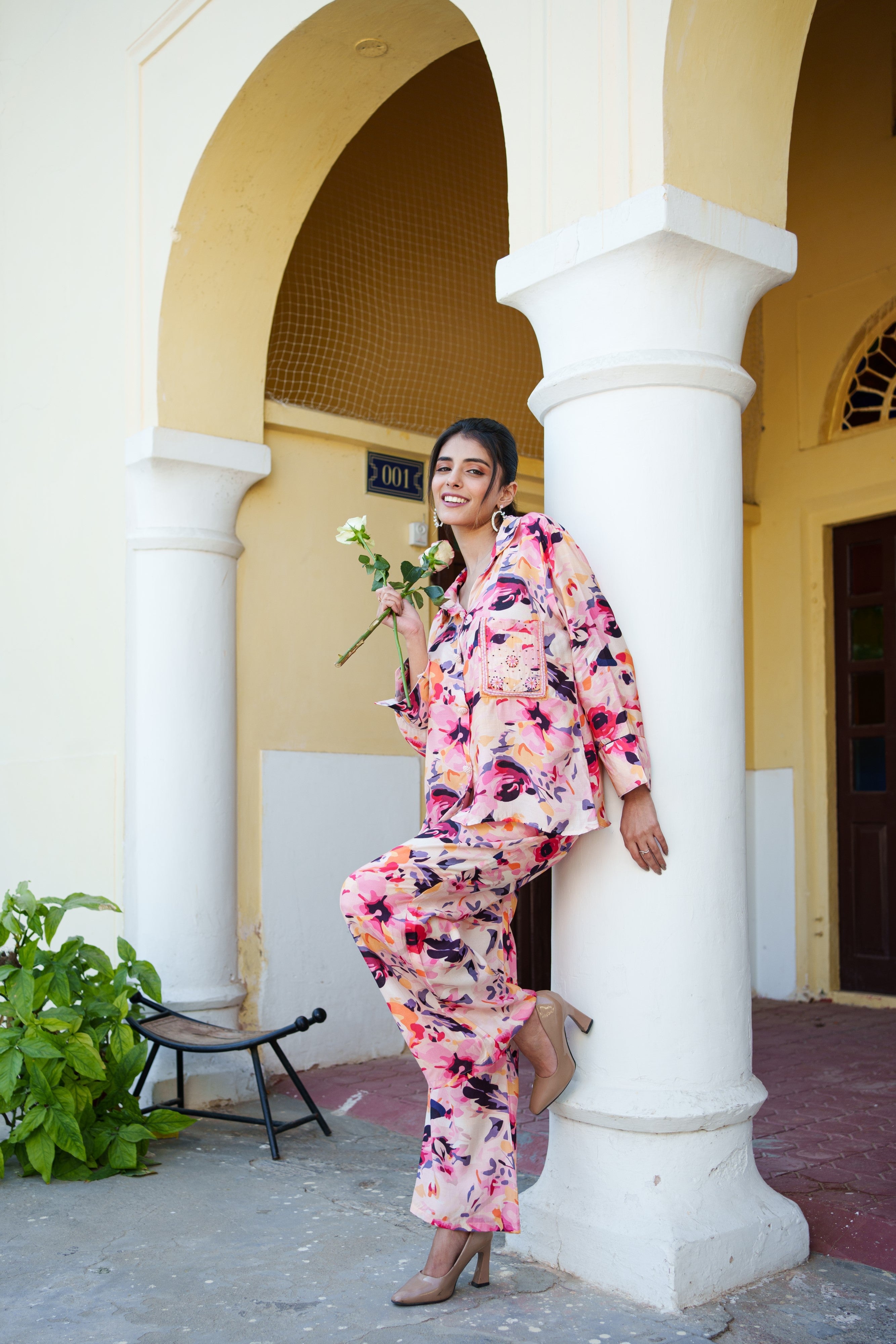 Women Peach Muslin Floral Printed Cord Set with Embroidered Pocket detail & Bottom Set