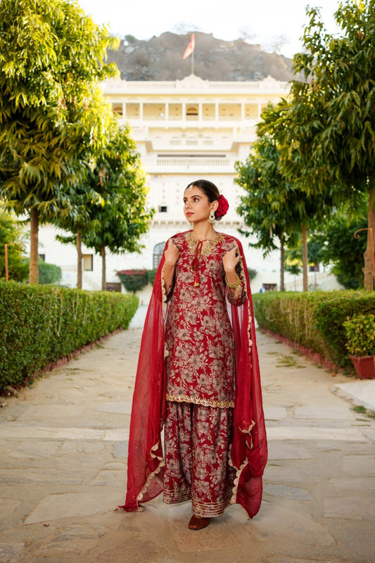 Women Muslin Floral Embroidered Cut Work Kurta  With Gota Lace & Sequin Chiffon Sharara Dupatta Set