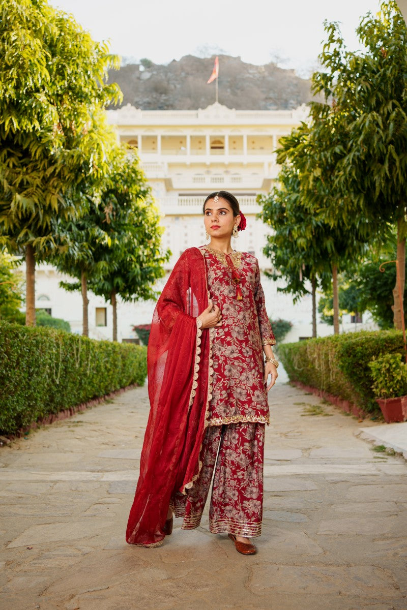 Women Muslin Floral Embroidered Cut Work Kurta  With Gota Lace & Sequin Chiffon Sharara Dupatta Set