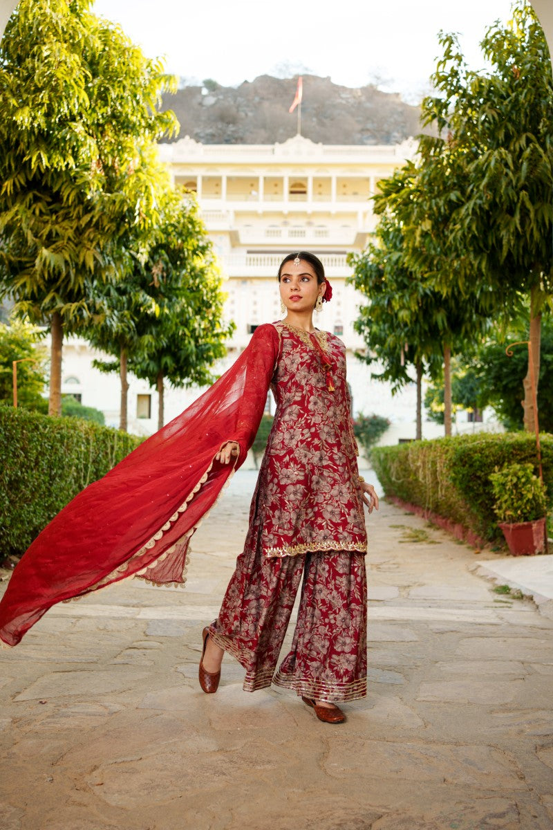 Women Muslin Floral Embroidered Cut Work Kurta  With Gota Lace & Sequin Chiffon Sharara Dupatta Set