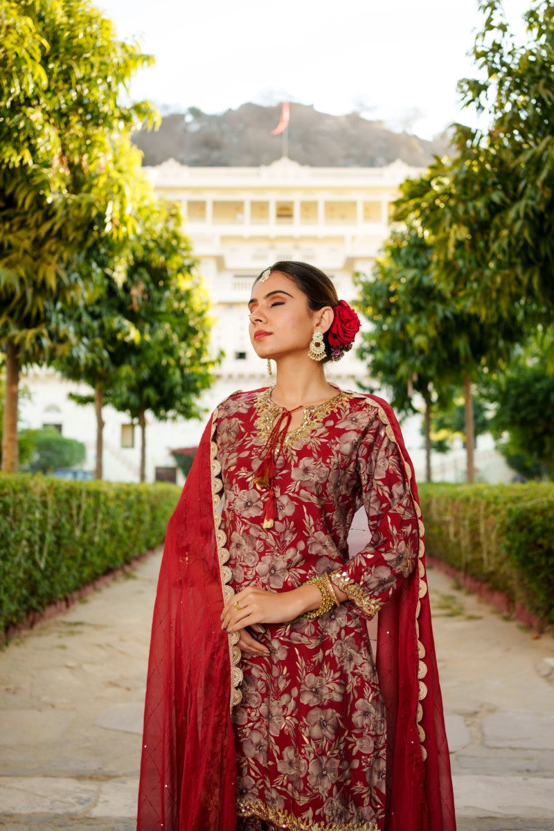 Women Muslin Floral Embroidered Cut Work Kurta  With Gota Lace & Sequin Chiffon Sharara Dupatta Set