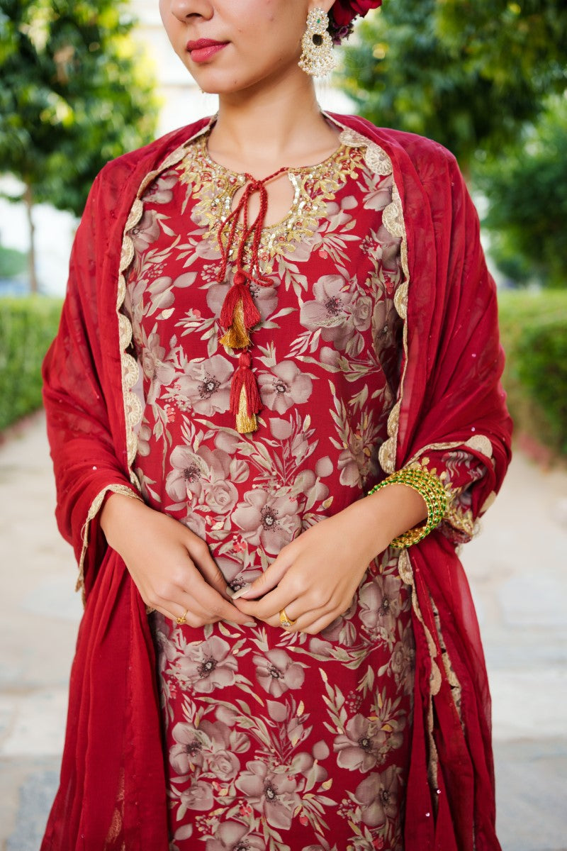 Women Muslin Floral Embroidered Cut Work Kurta  With Gota Lace & Sequin Chiffon Sharara Dupatta Set