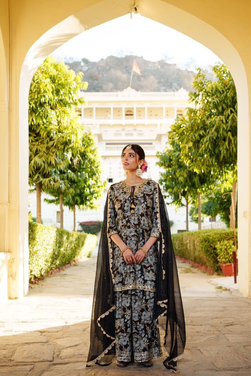 Women Muslin Floral Embroidered Cut Work Kurta  With Gota Lace & Sequin Chiffon Sharara Dupatta Set