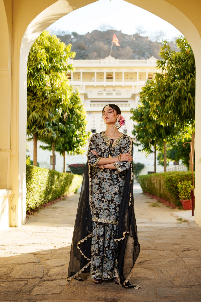 Women Muslin Floral Embroidered Cut Work Kurta  With Gota Lace & Sequin Chiffon Sharara Dupatta Set