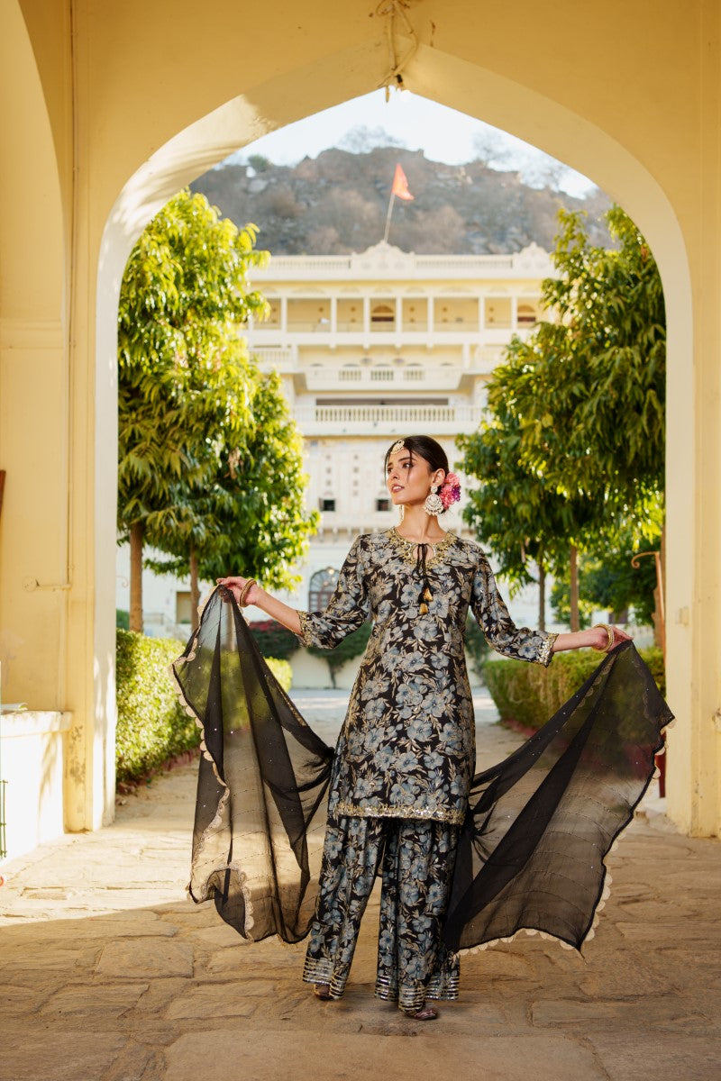 Women Muslin Floral Embroidered Cut Work Kurta  With Gota Lace & Sequin Chiffon Sharara Dupatta Set