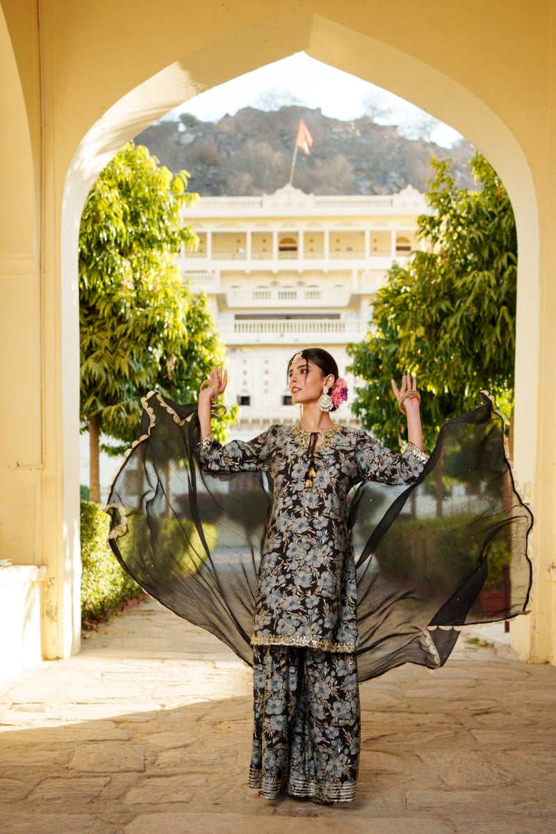 Women Muslin Floral Embroidered Cut Work Kurta  With Gota Lace & Sequin Chiffon Sharara Dupatta Set