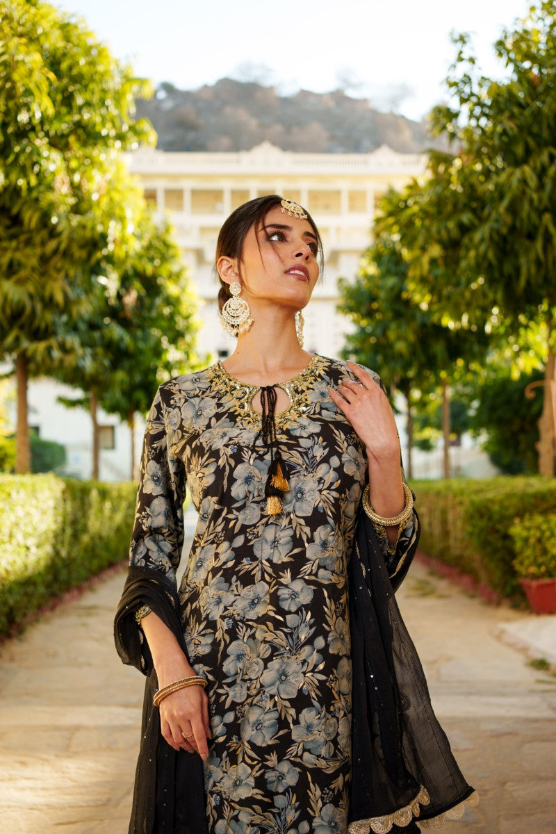 Women Muslin Floral Embroidered Cut Work Kurta  With Gota Lace & Sequin Chiffon Sharara Dupatta Set