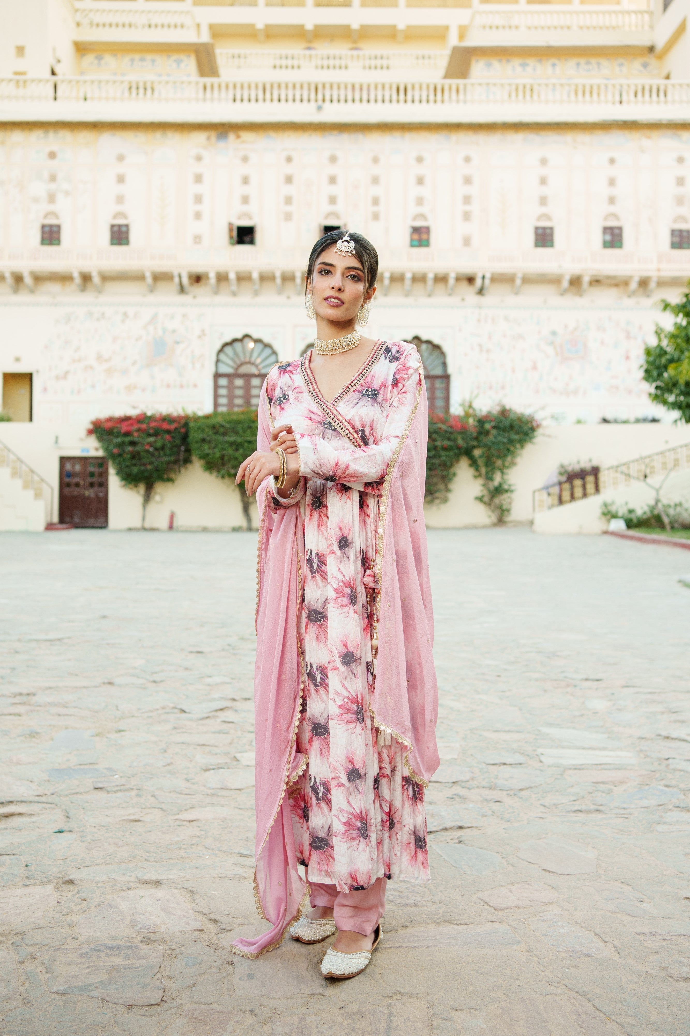 White Chinon Floral Embroidered Angrakha Anarkali  with solid bottom & sequin chiffon dupatta set