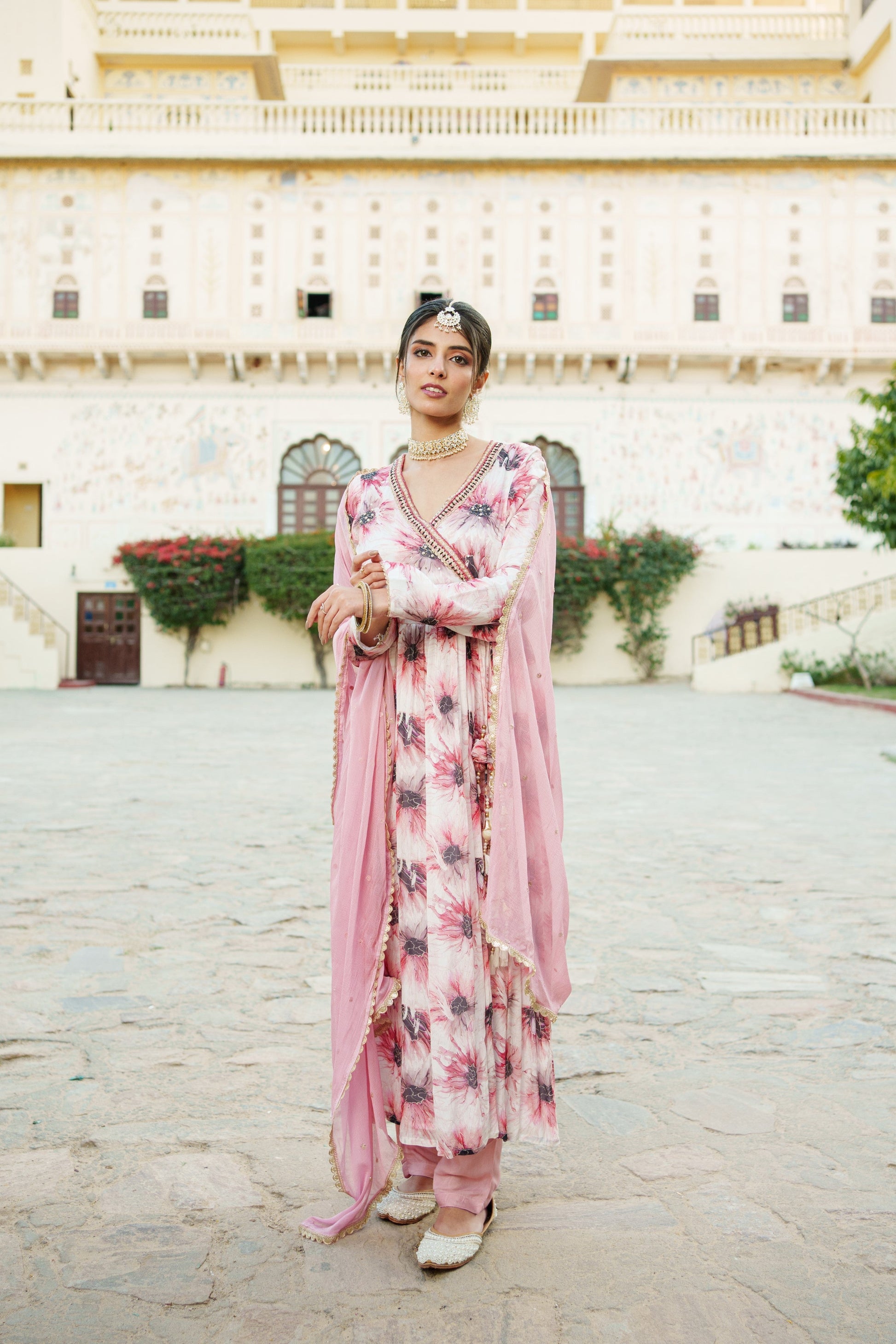 White Chinon Floral Embroidered Angrakha Anarkali  with solid bottom & sequin chiffon dupatta set