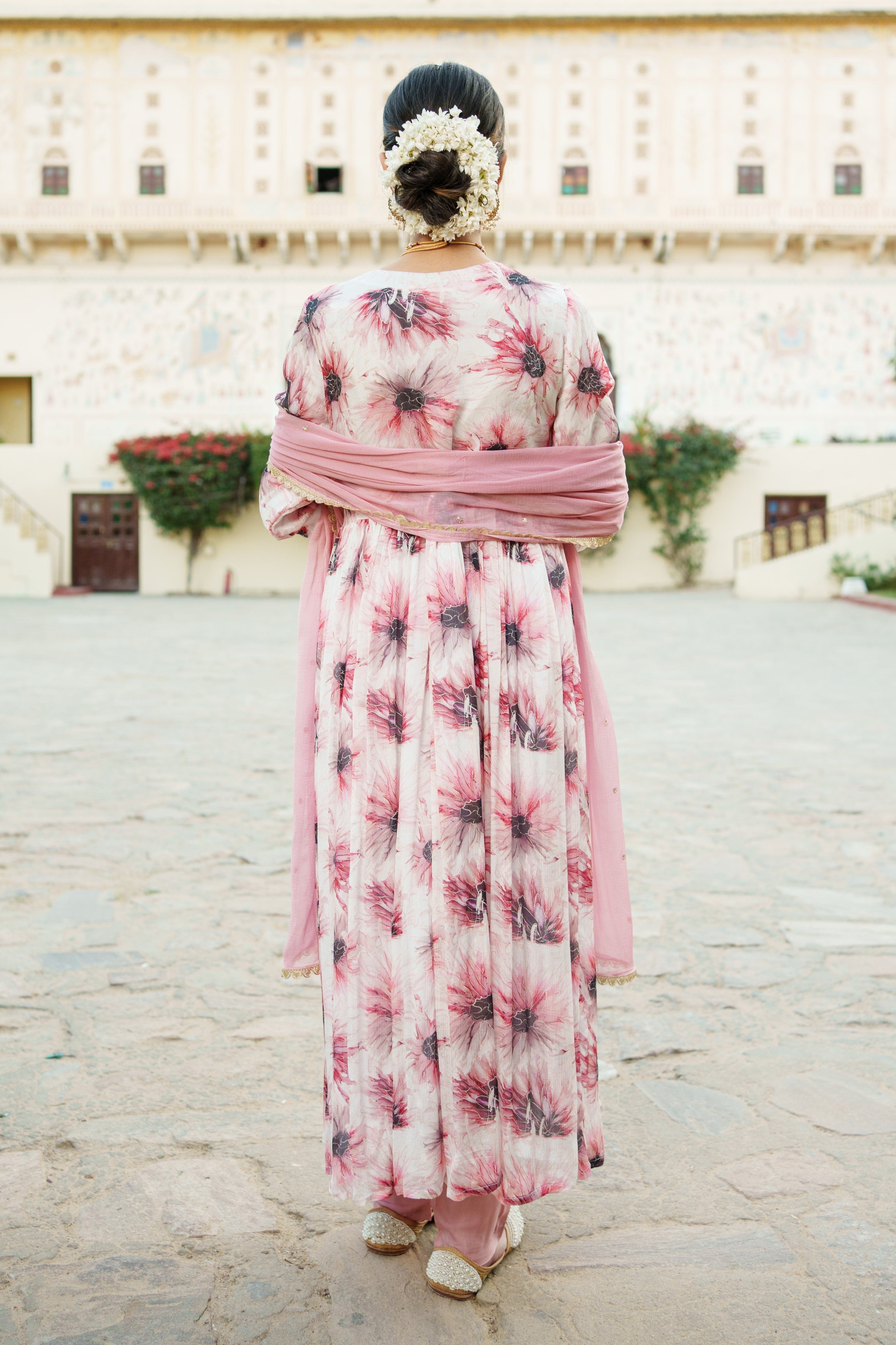 White Chinon Floral Embroidered Angrakha Anarkali  with solid bottom & sequin chiffon dupatta set