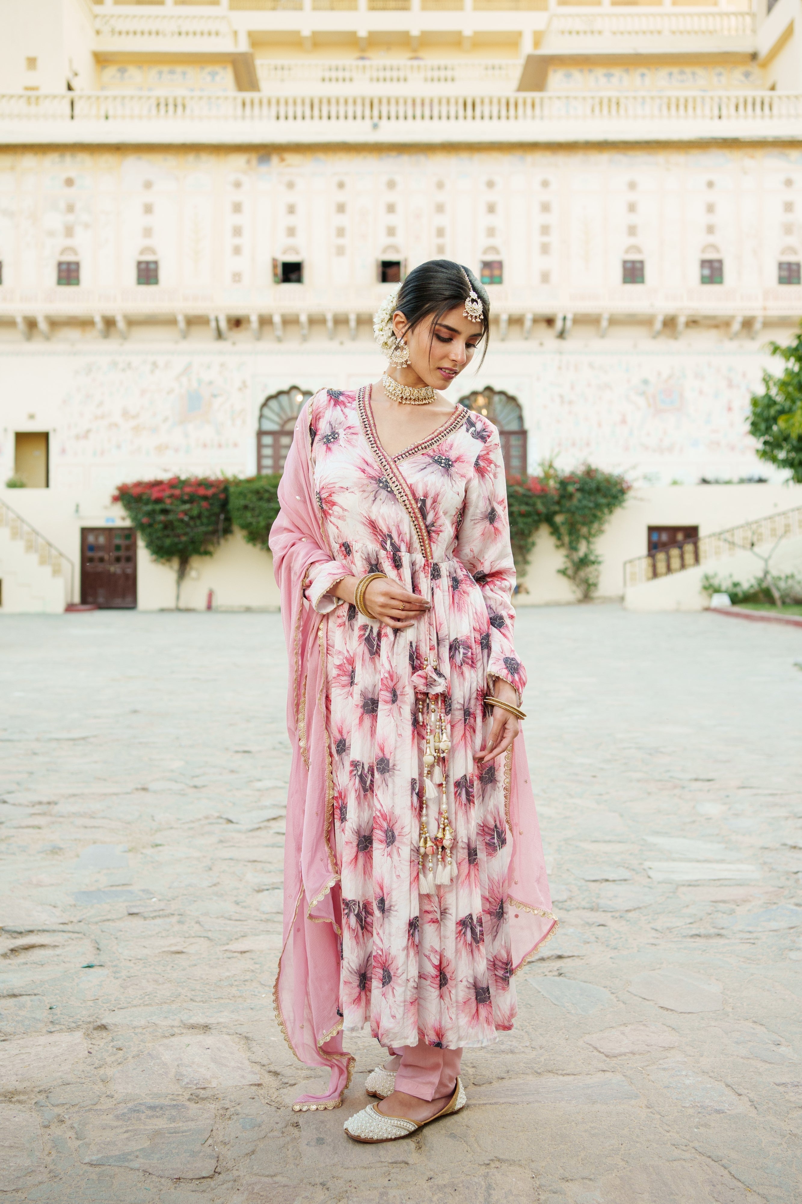 White Chinon Floral Embroidered Angrakha Anarkali  with solid bottom & sequin chiffon dupatta set