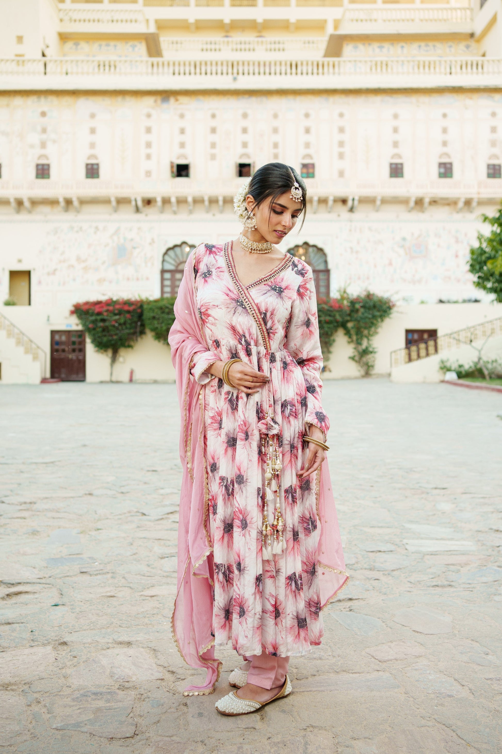 White Chinon Floral Embroidered Angrakha Anarkali  with solid bottom & sequin chiffon dupatta set