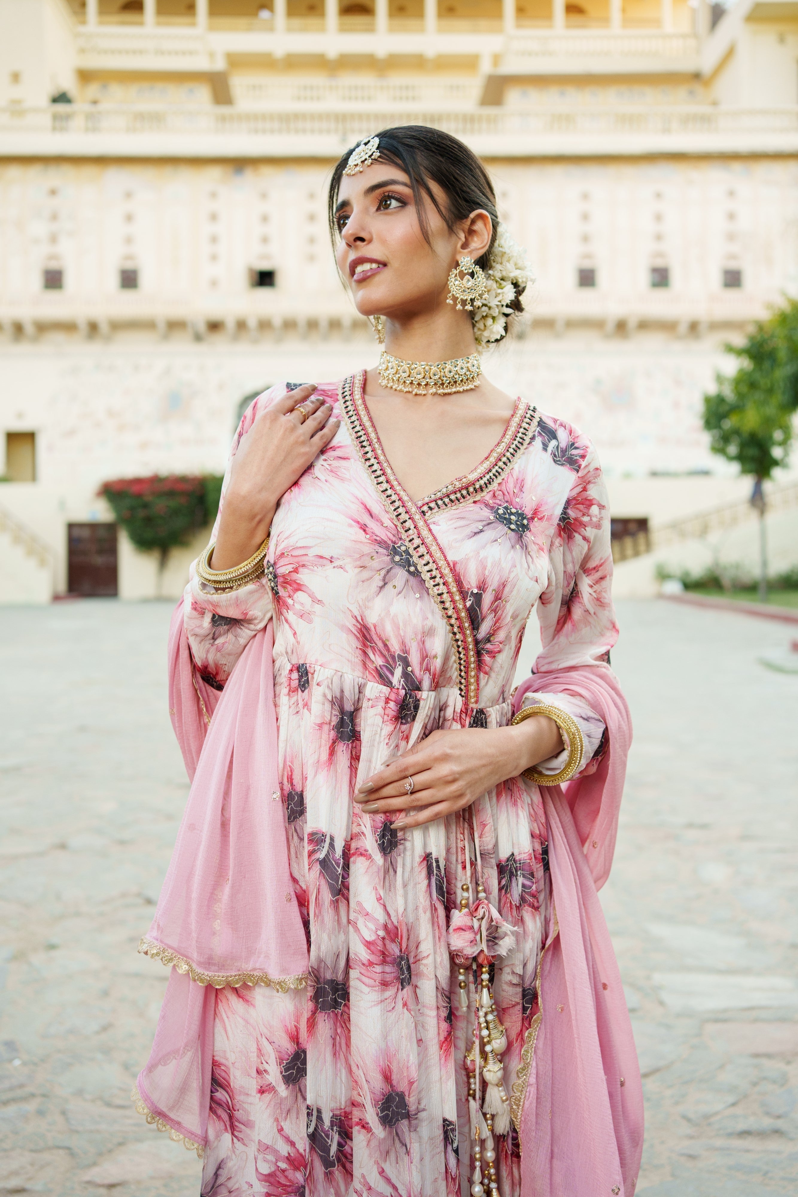 White Chinon Floral Embroidered Angrakha Anarkali  with solid bottom & sequin chiffon dupatta set