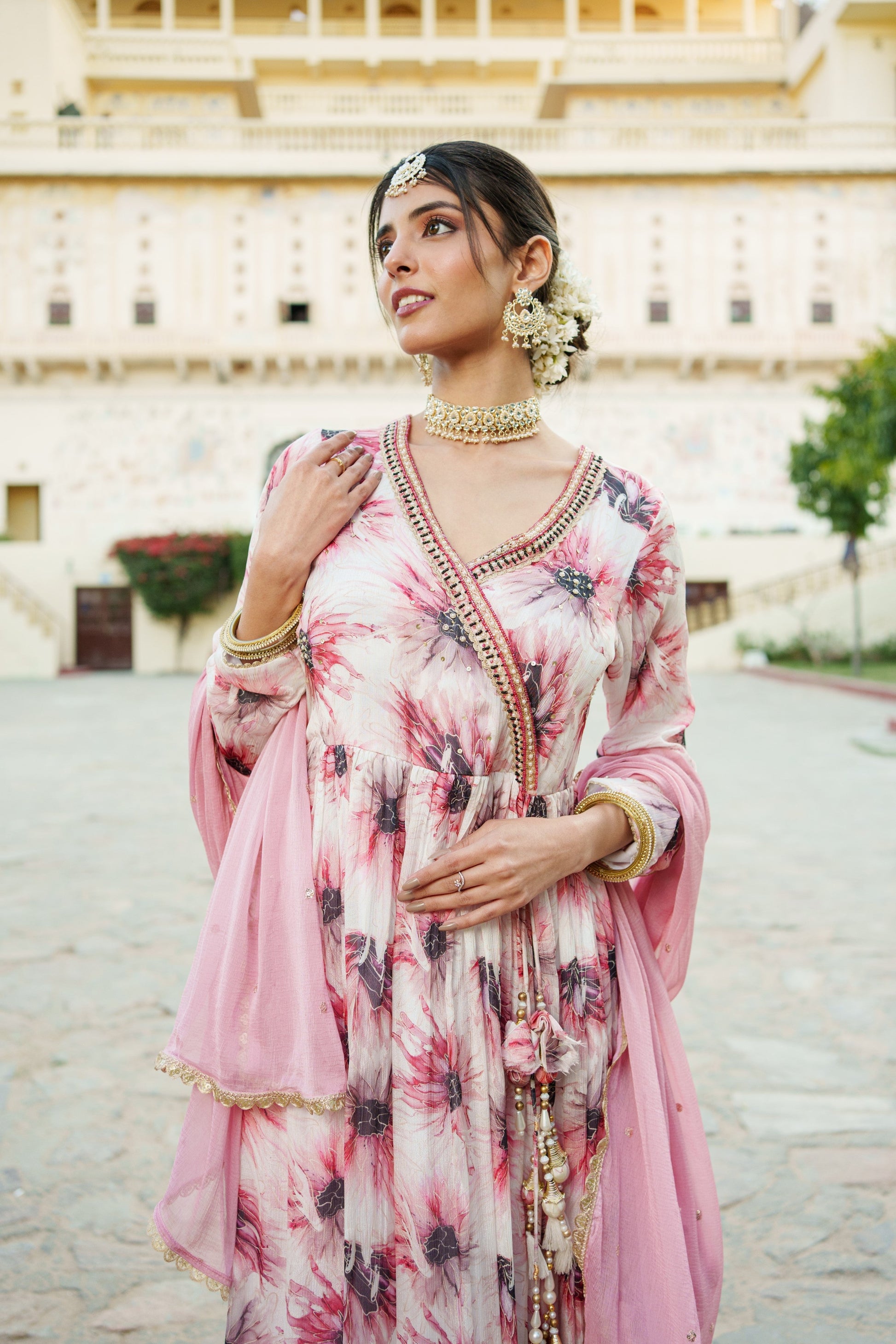 White Chinon Floral Embroidered Angrakha Anarkali  with solid bottom & sequin chiffon dupatta set