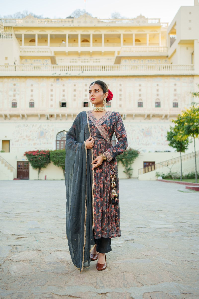 Black Chinon Floral Embroidered Angrakha Anarkali  with solid bottom & sequin chiffon dupatta set