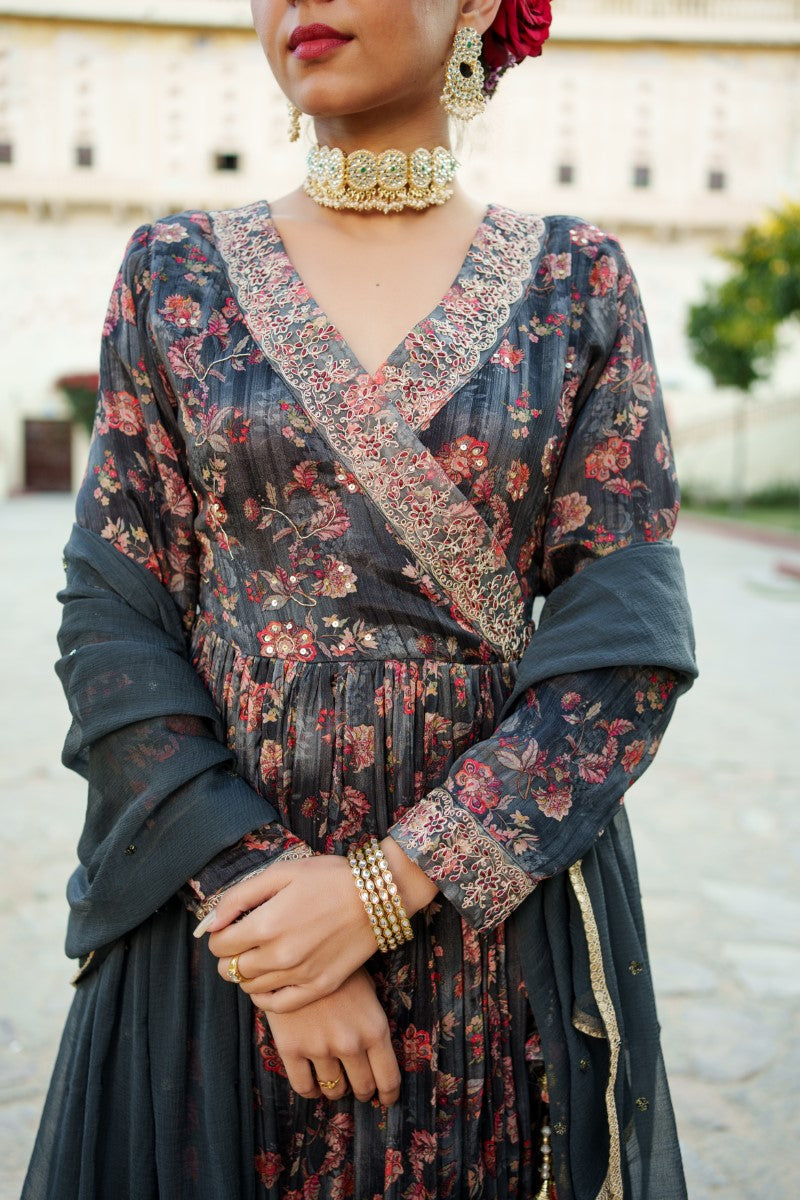 Black Chinon Floral Embroidered Angrakha Anarkali  with solid bottom & sequin chiffon dupatta set