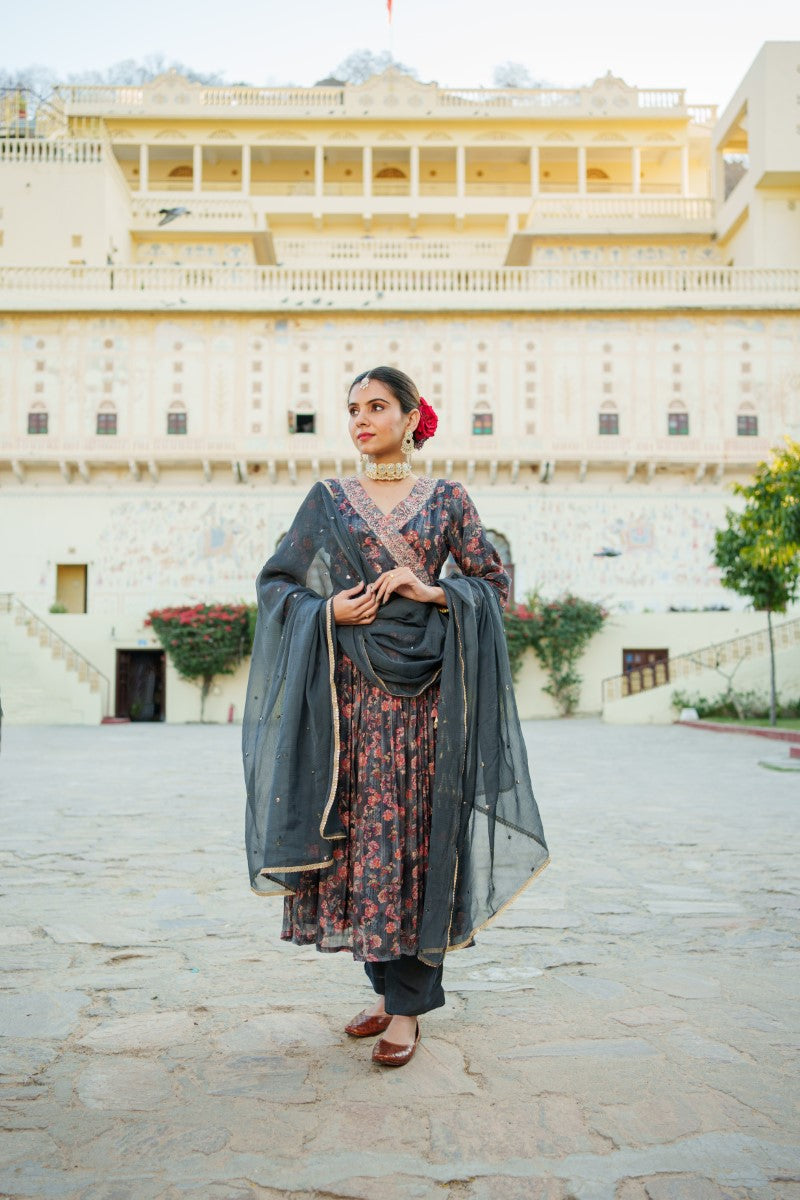 Black Chinon Floral Embroidered Angrakha Anarkali  with solid bottom & sequin chiffon dupatta set