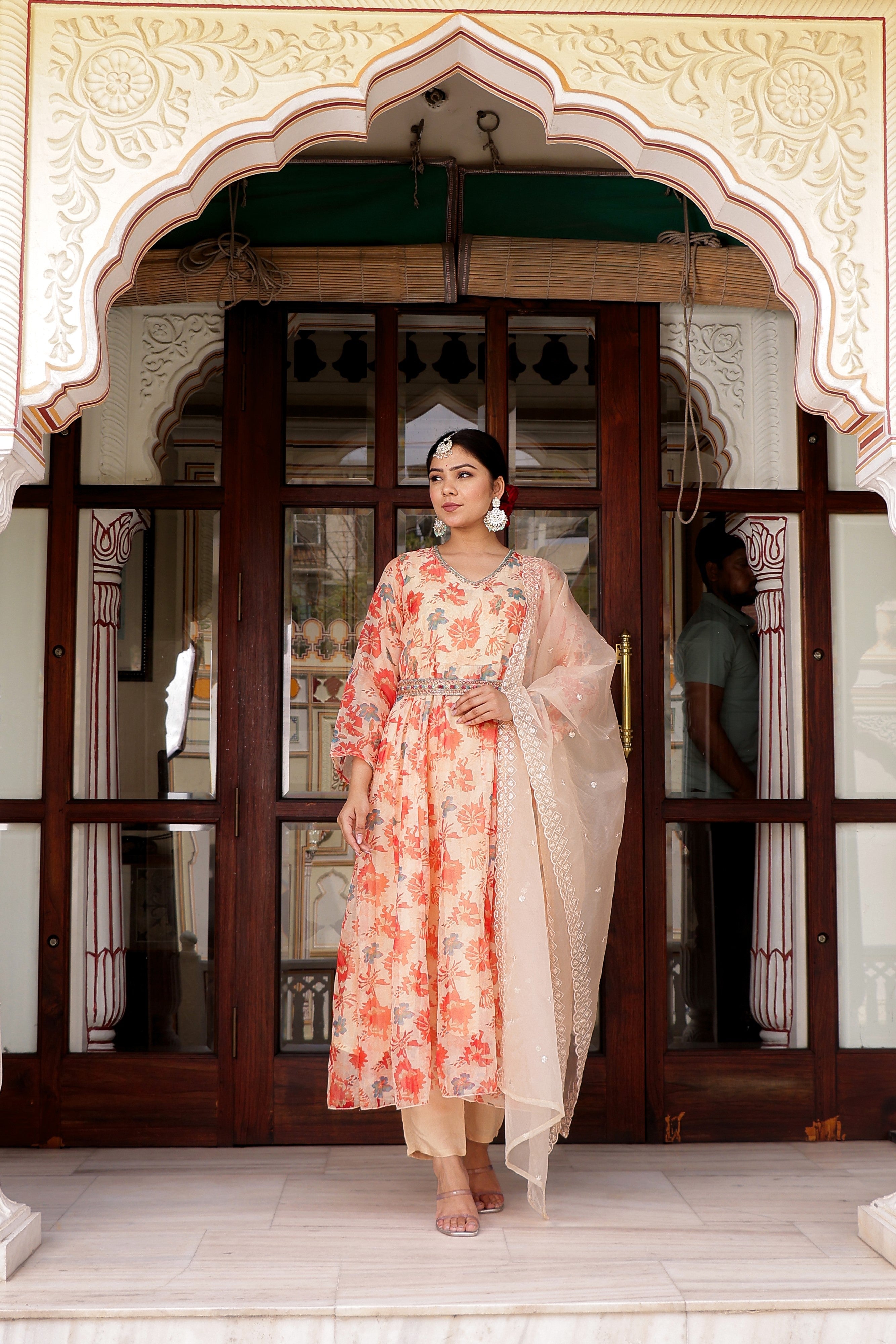 Cream Organza Floral Embroidered Anarkali & Handwork belt with solid bottom & embroidered organza dupatta set