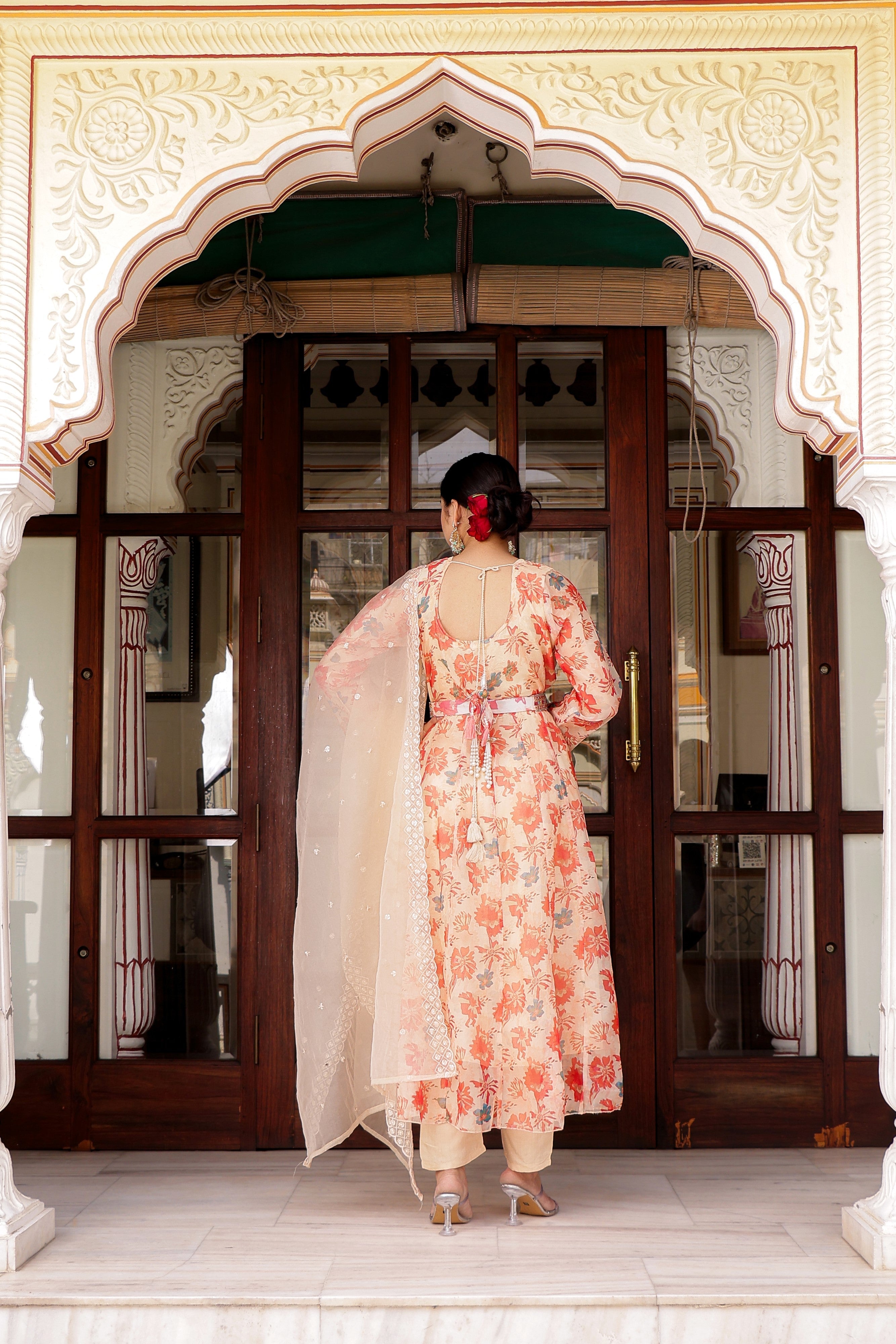 Cream Organza Floral Embroidered Anarkali & Handwork belt with solid bottom & embroidered organza dupatta set