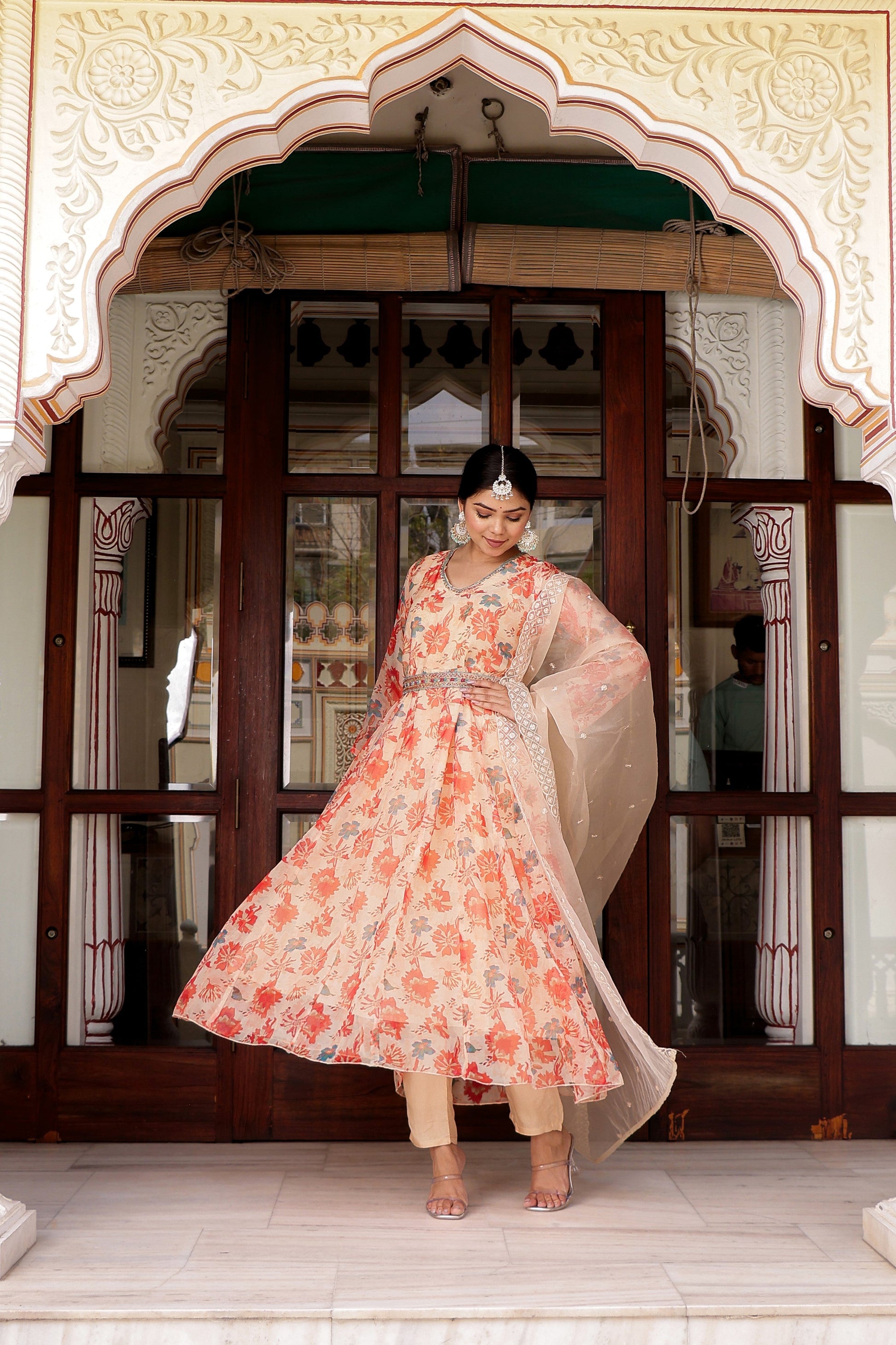 Cream Organza Floral Embroidered Anarkali & Handwork belt with solid bottom & embroidered organza dupatta set