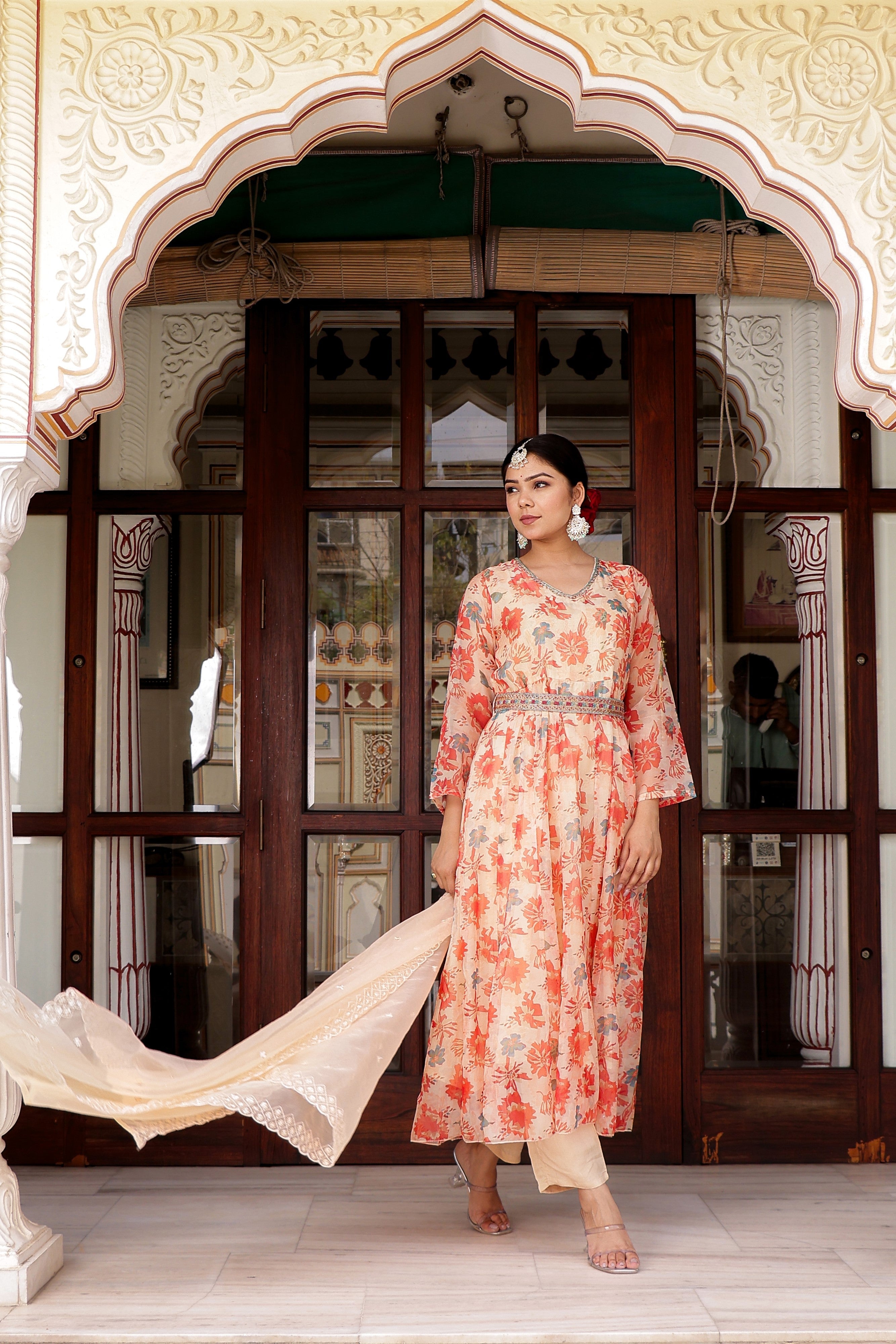 Cream Organza Floral Embroidered Anarkali & Handwork belt with solid bottom & embroidered organza dupatta set