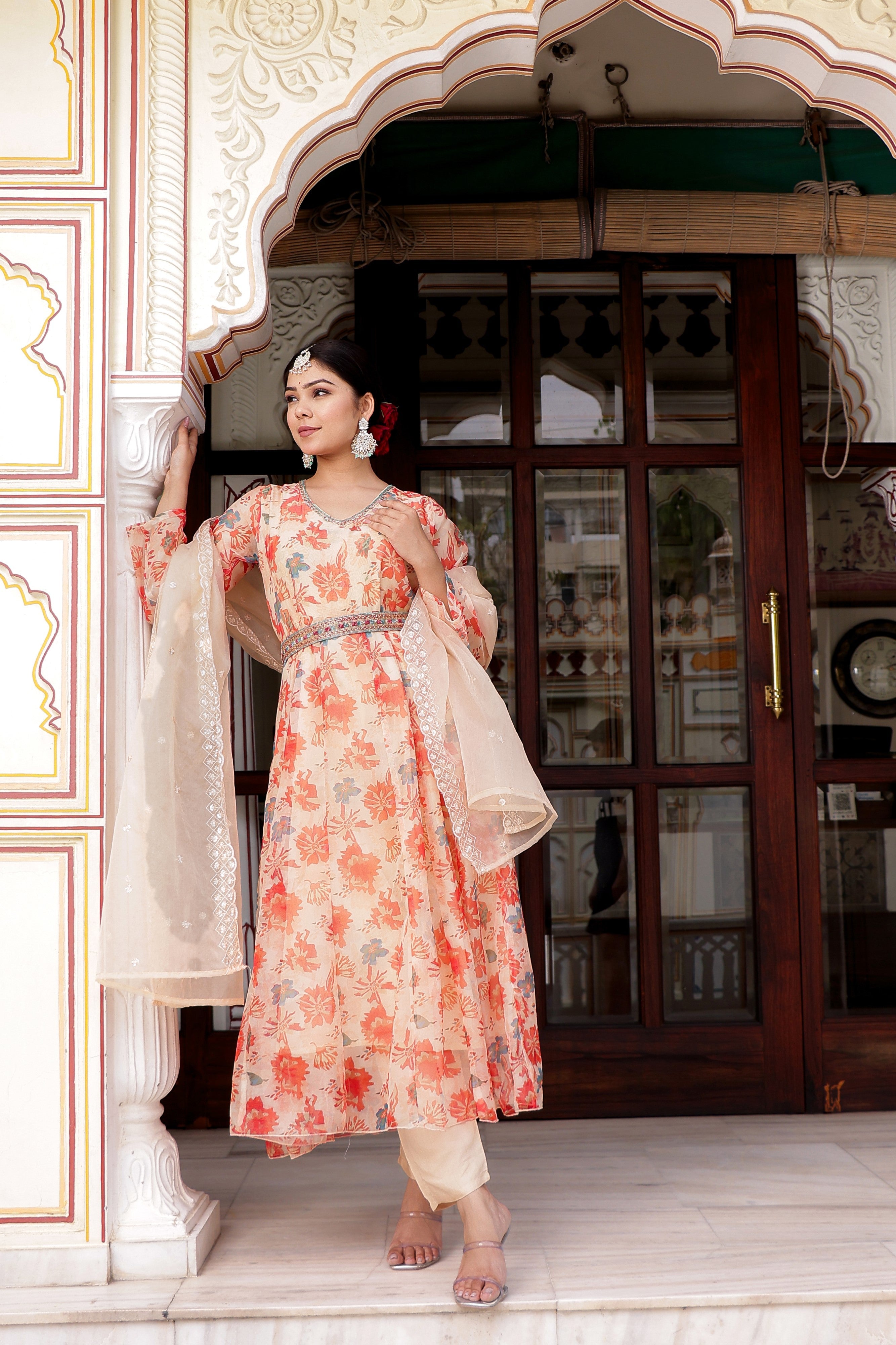 Cream Organza Floral Embroidered Anarkali & Handwork belt with solid bottom & embroidered organza dupatta set