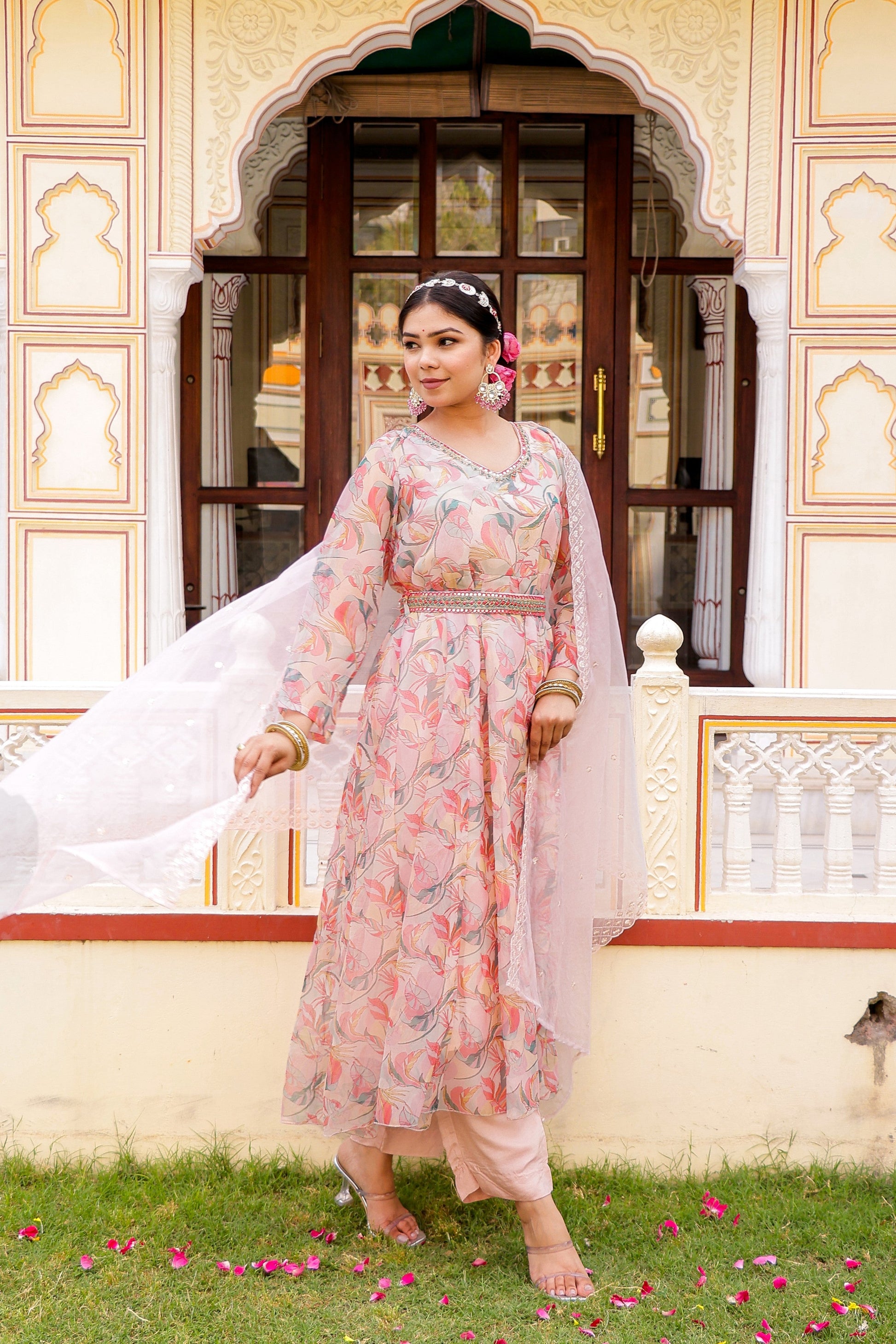 White Floral multi colour Embroidered Anarkali & Handwork belt with solid bottom & embroidered organza dupatta set