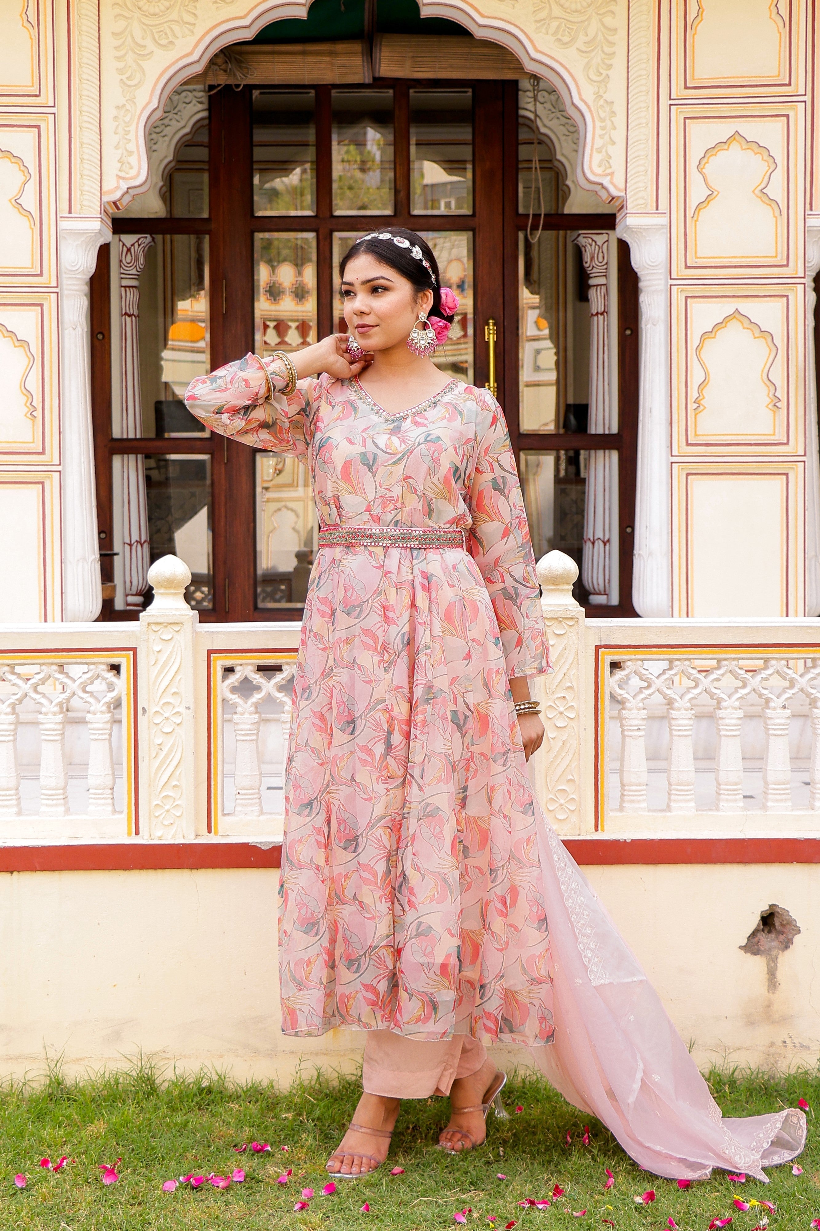 White Floral multi colour Embroidered Anarkali & Handwork belt with solid bottom & embroidered organza dupatta set