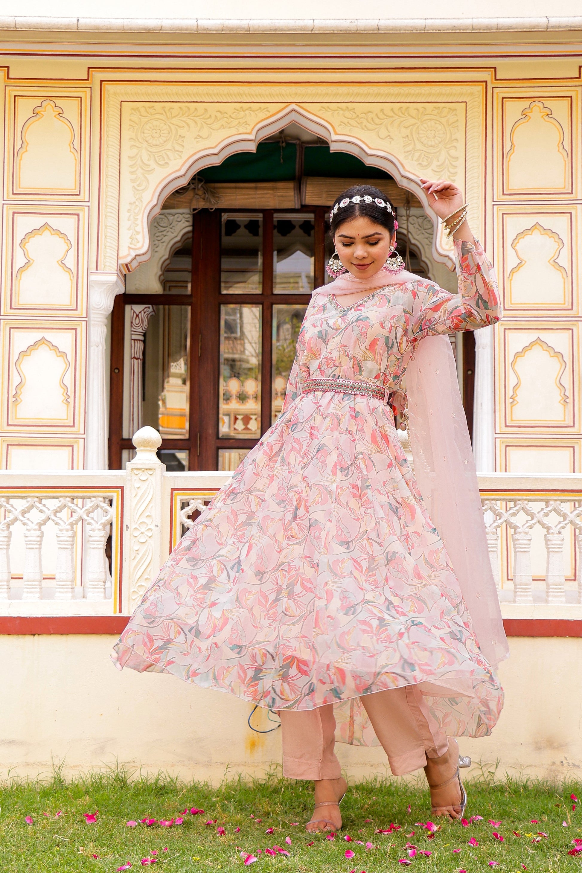 White Floral multi colour Embroidered Anarkali & Handwork belt with solid bottom & embroidered organza dupatta set