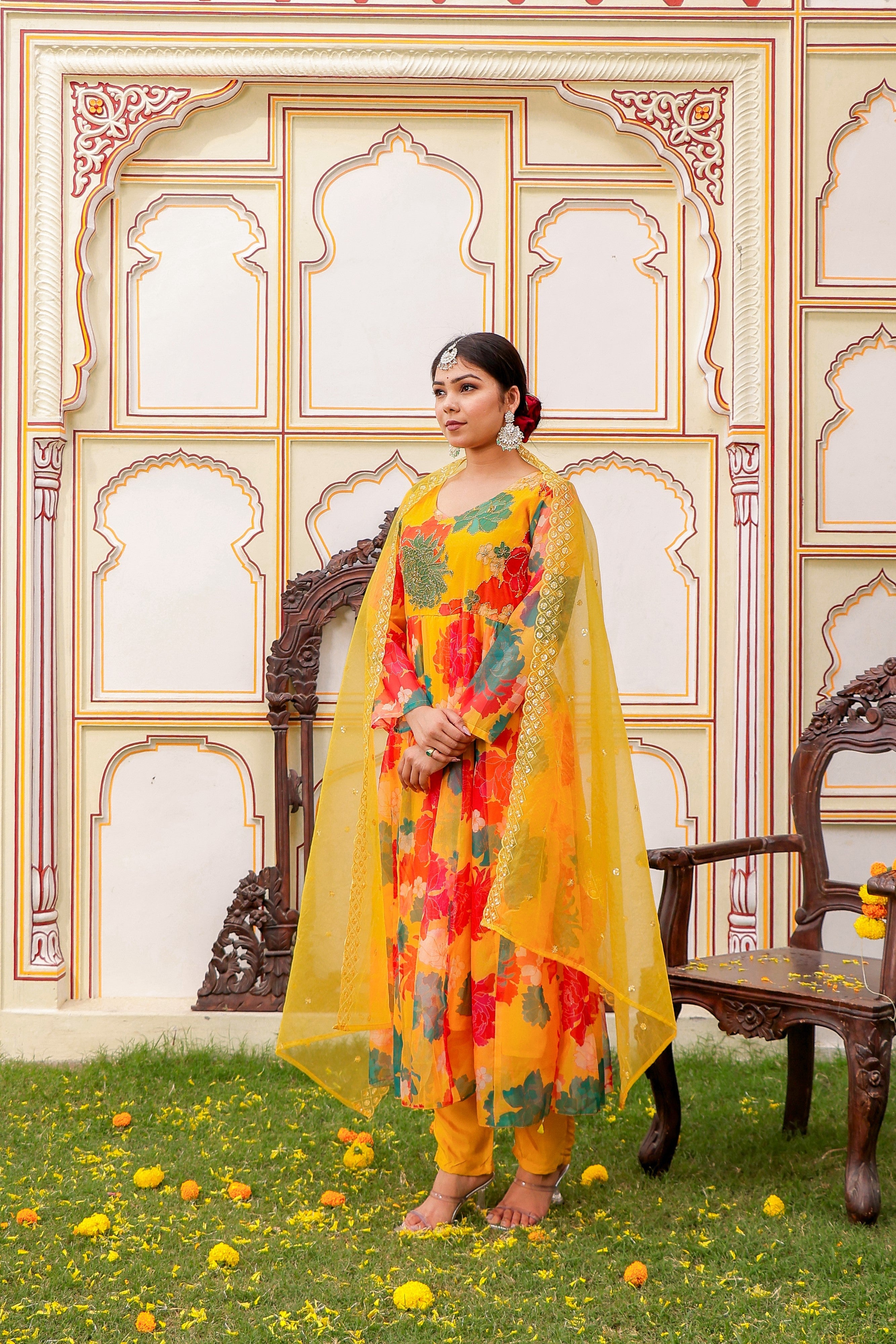 Mustard Multi Floral Embroidered Anarkali & Handwork yoke with solid bottom & embroidered organza dupatta set