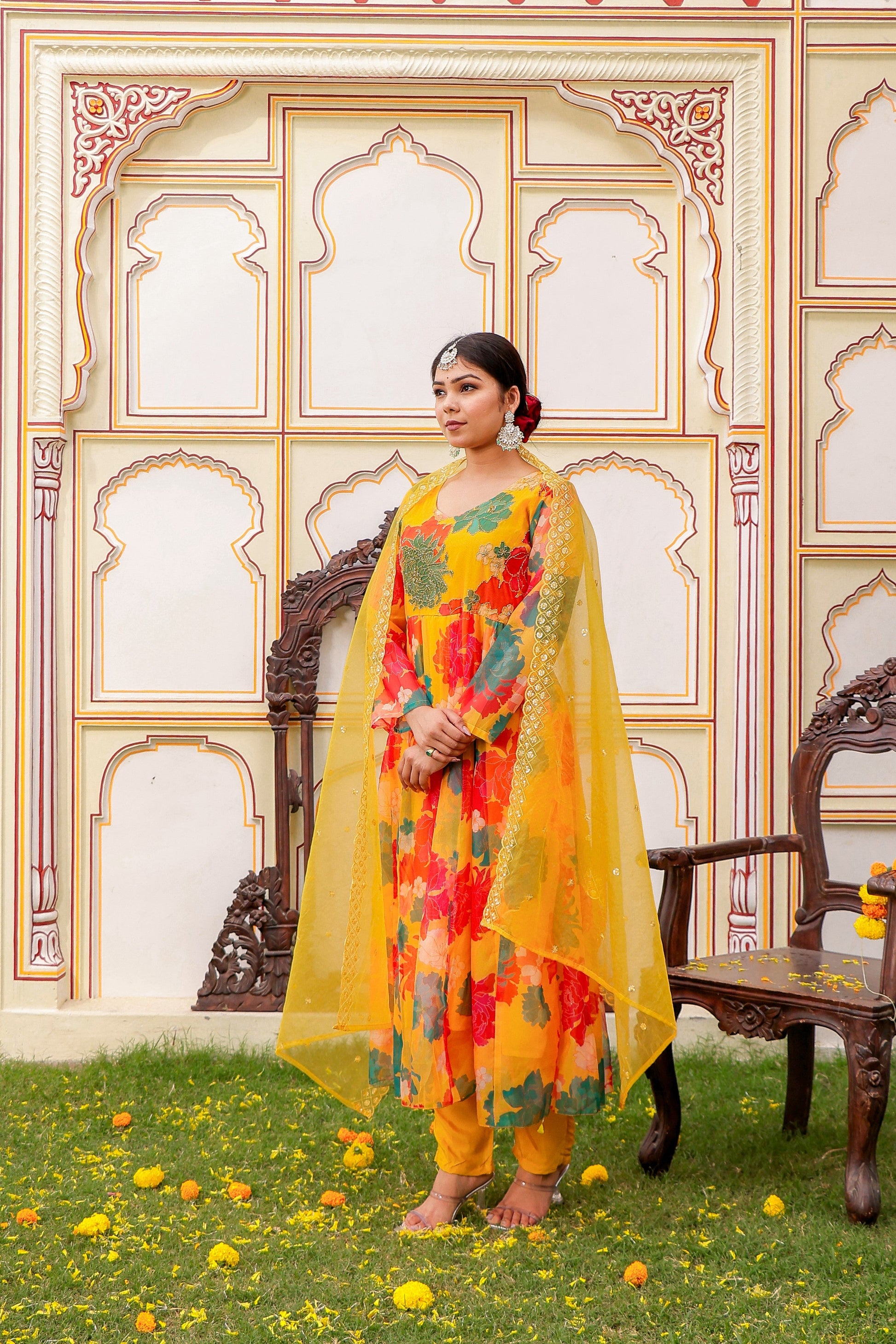 Mustard Multi Floral Embroidered Anarkali & Handwork yoke with solid bottom & embroidered organza dupatta set