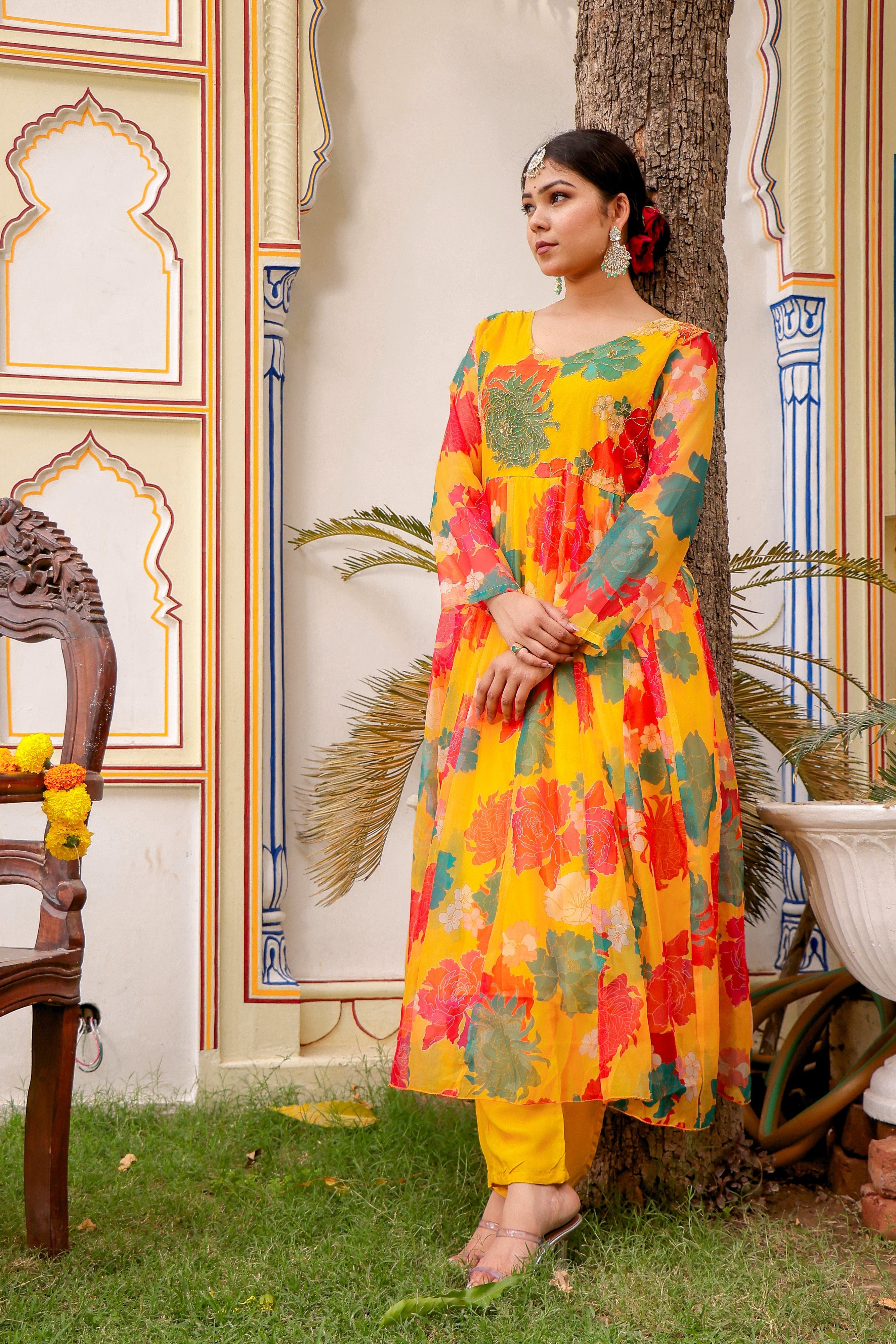 Mustard Multi Floral Embroidered Anarkali & Handwork yoke with solid bottom & embroidered organza dupatta set