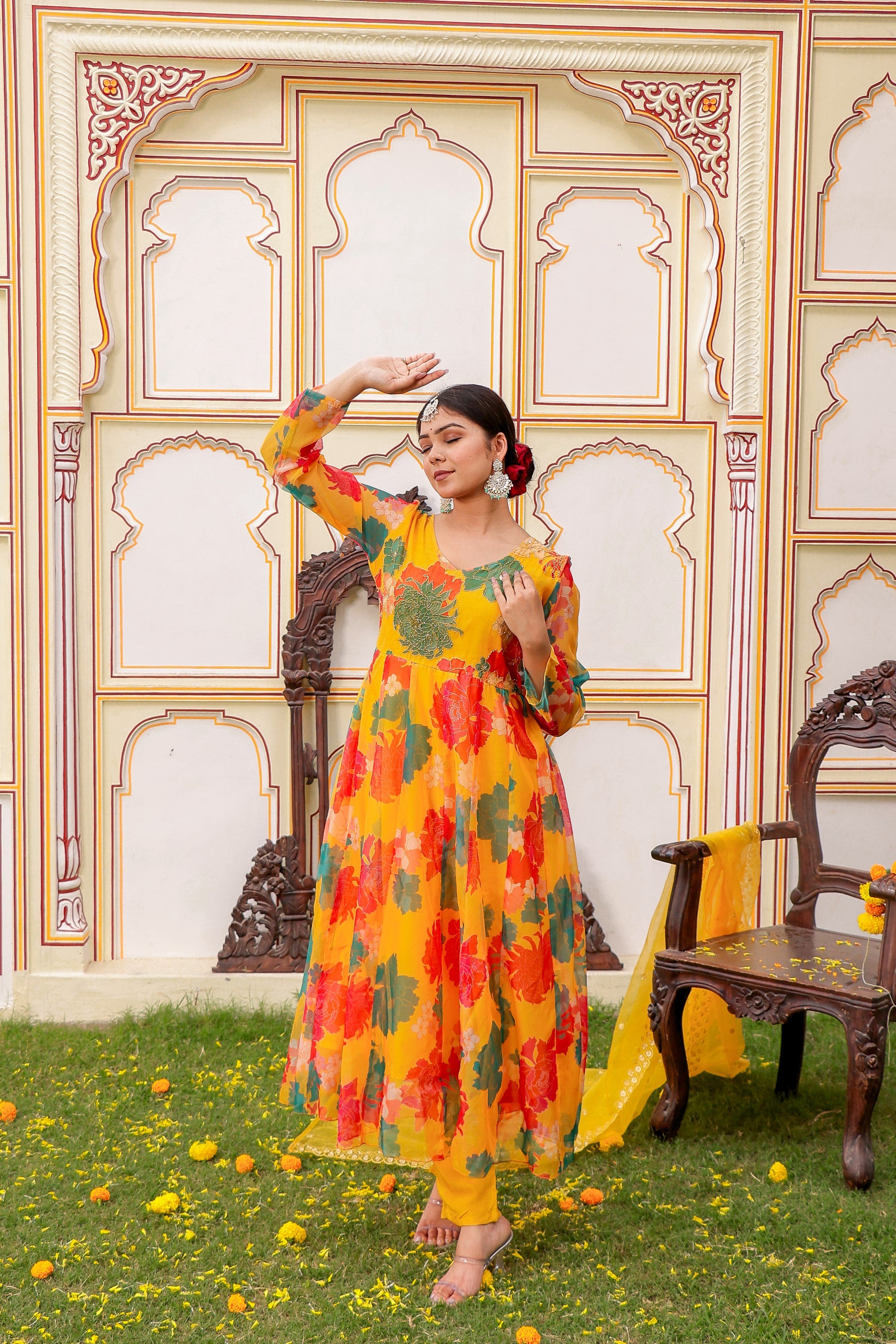 Mustard Multi Floral Embroidered Anarkali & Handwork yoke with solid bottom & embroidered organza dupatta set