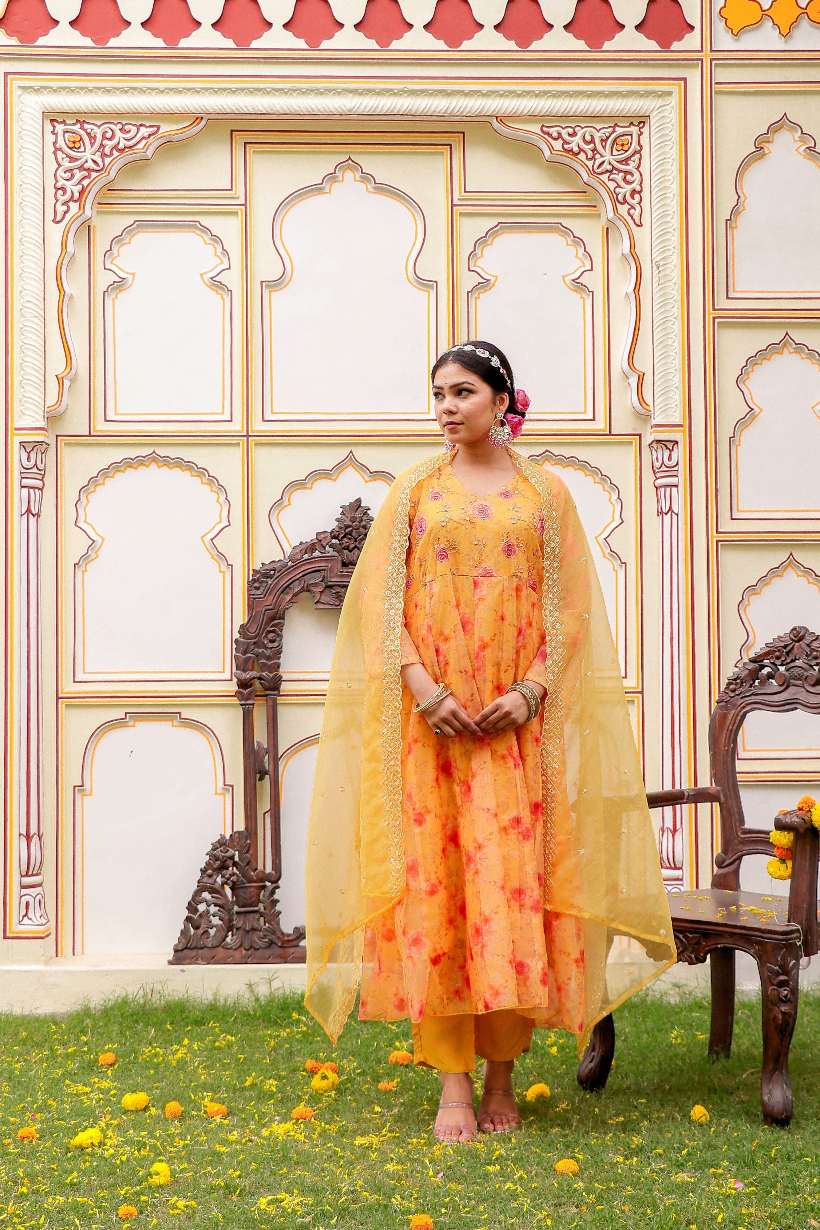 MUSTARD Floral Embroidered Anarkali & Handwork yoke with solid bottom & embroidered organza dupatta set
