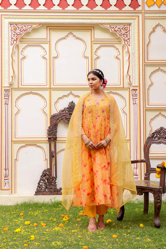 MUSTARD Floral Embroidered Anarkali & Handwork yoke with solid bottom & embroidered organza dupatta set