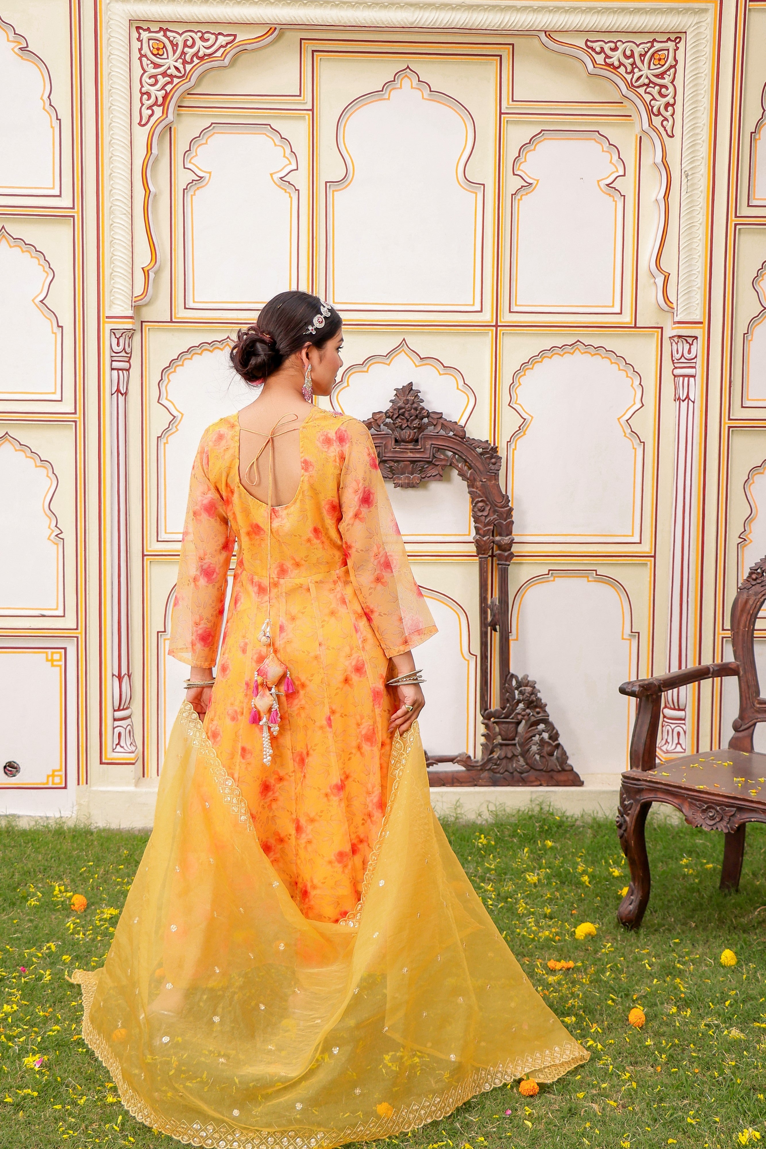 MUSTARD Floral Embroidered Anarkali & Handwork yoke with solid bottom & embroidered organza dupatta set