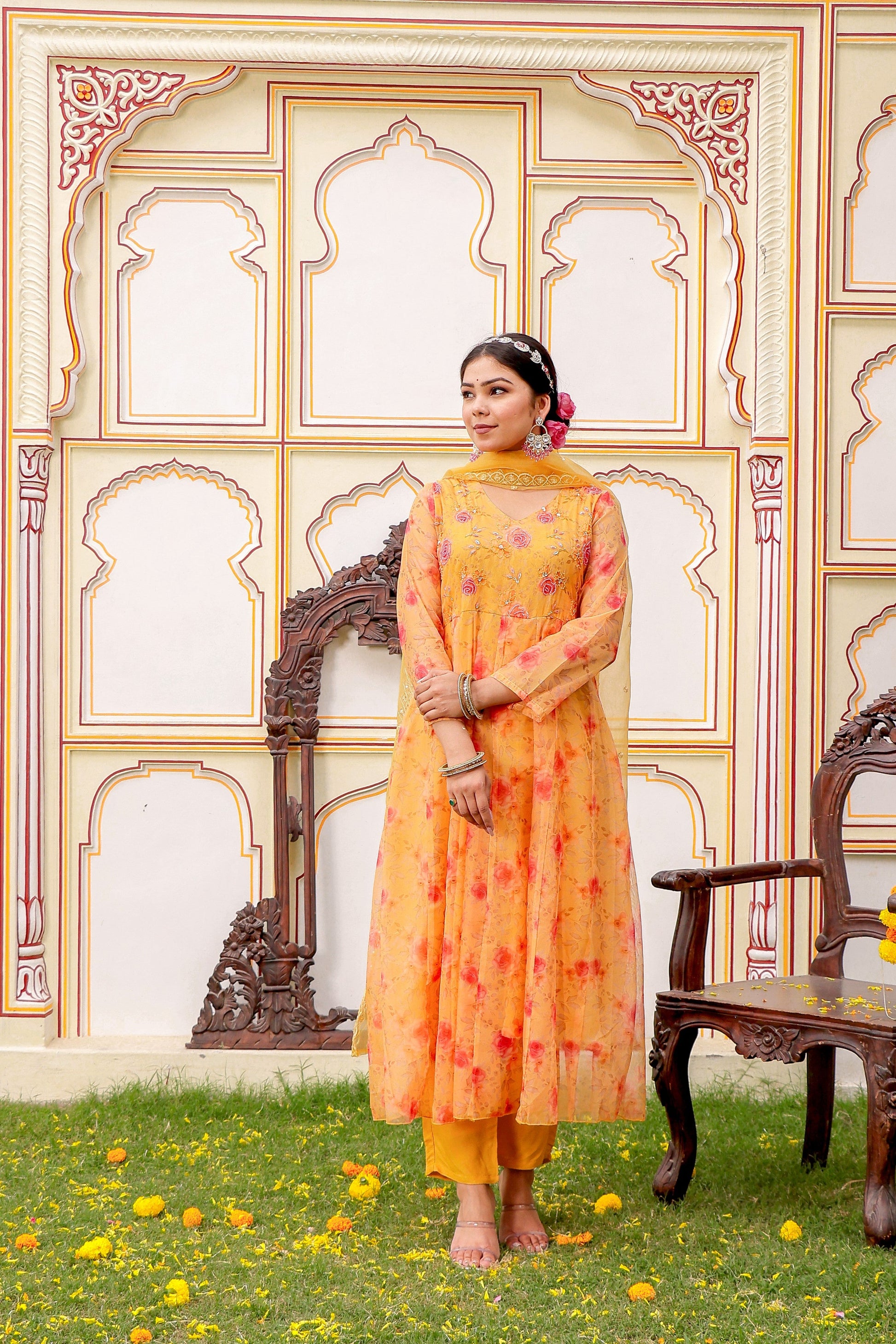 MUSTARD Floral Embroidered Anarkali & Handwork yoke with solid bottom & embroidered organza dupatta set