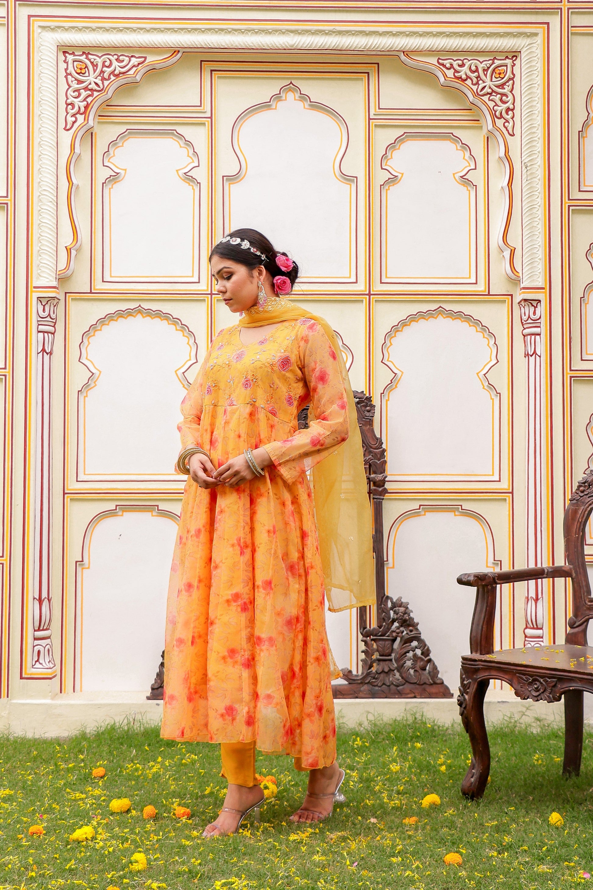 MUSTARD Floral Embroidered Anarkali & Handwork yoke with solid bottom & embroidered organza dupatta set