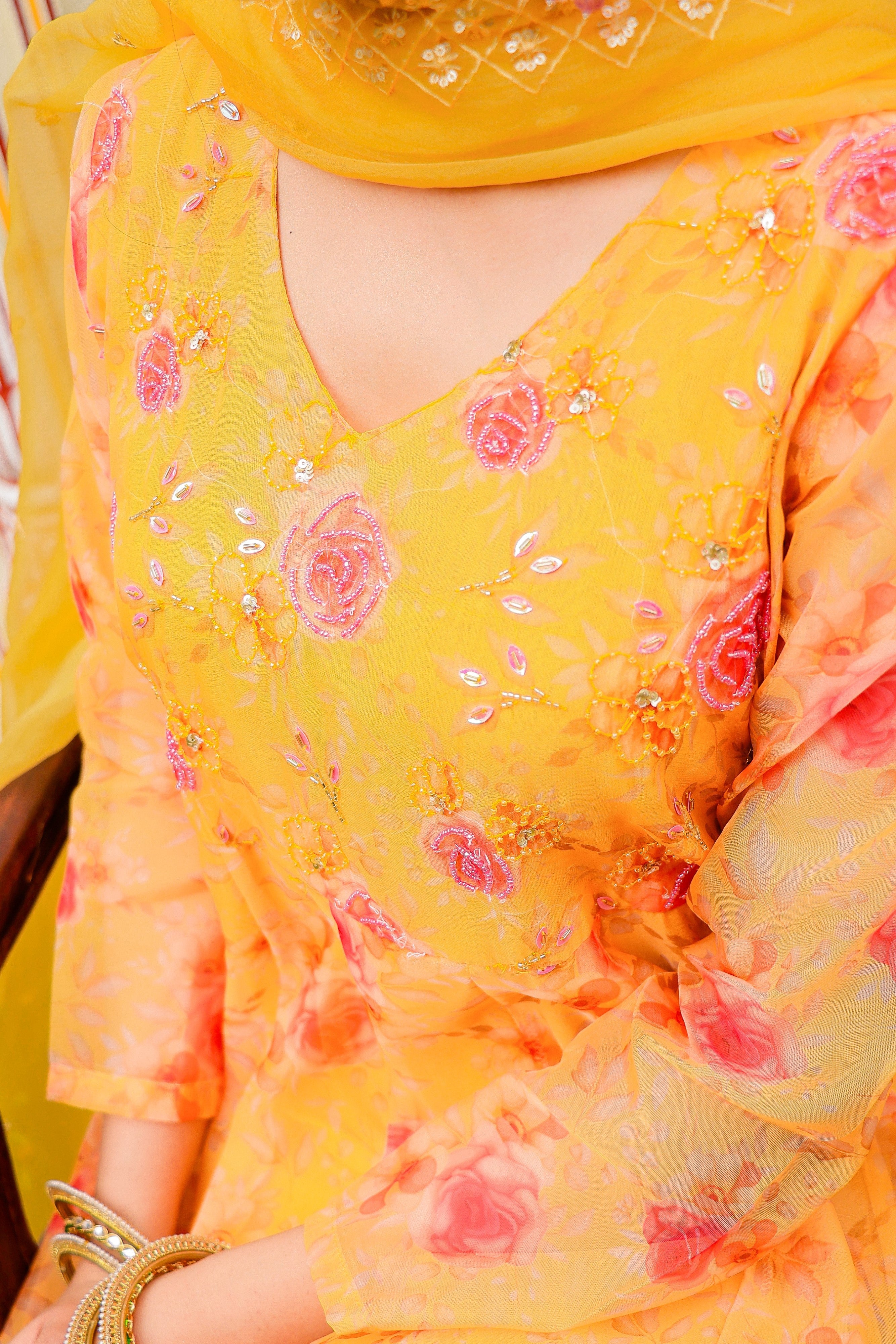 MUSTARD Floral Embroidered Anarkali & Handwork yoke with solid bottom & embroidered organza dupatta set