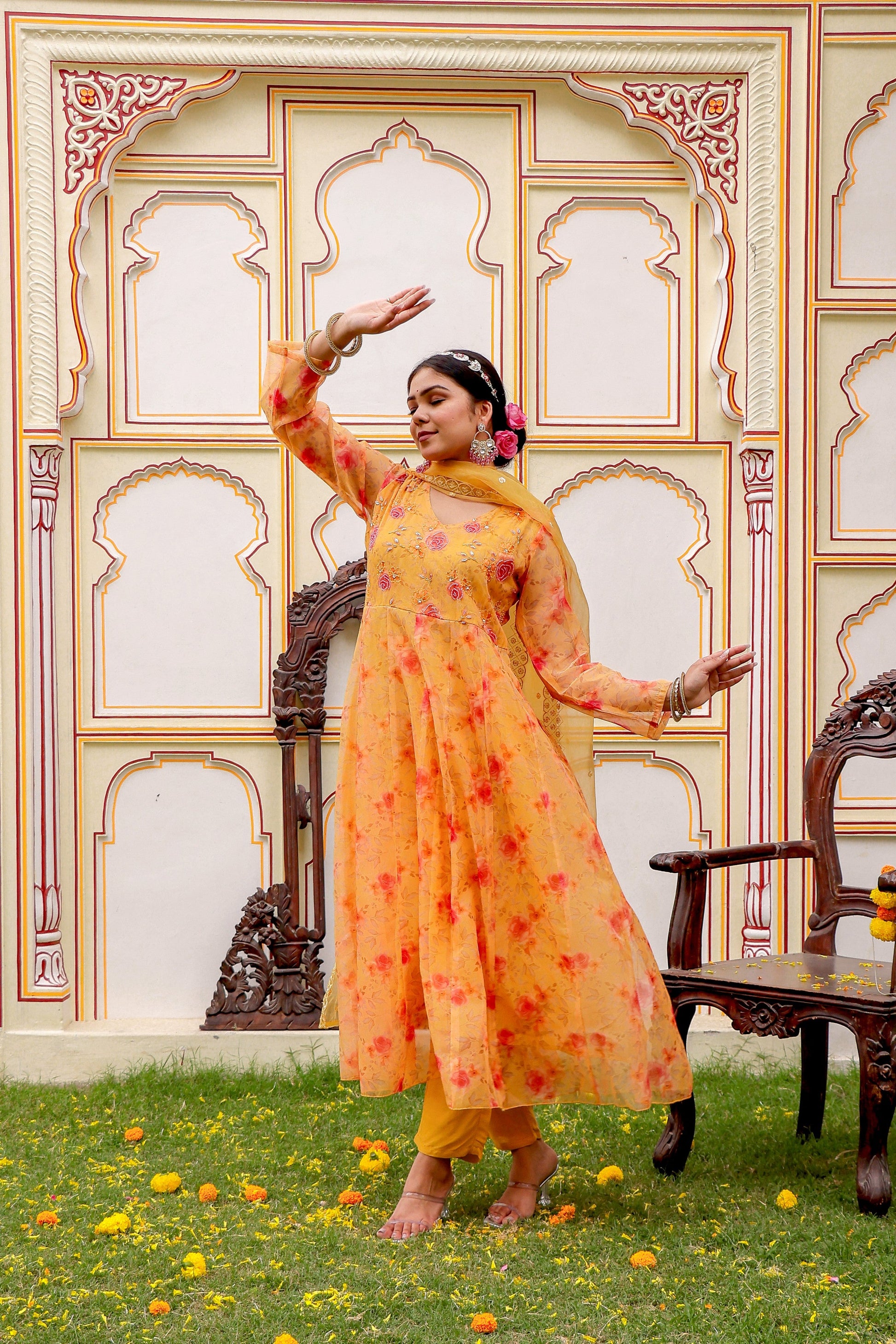 MUSTARD Floral Embroidered Anarkali & Handwork yoke with solid bottom & embroidered organza dupatta set