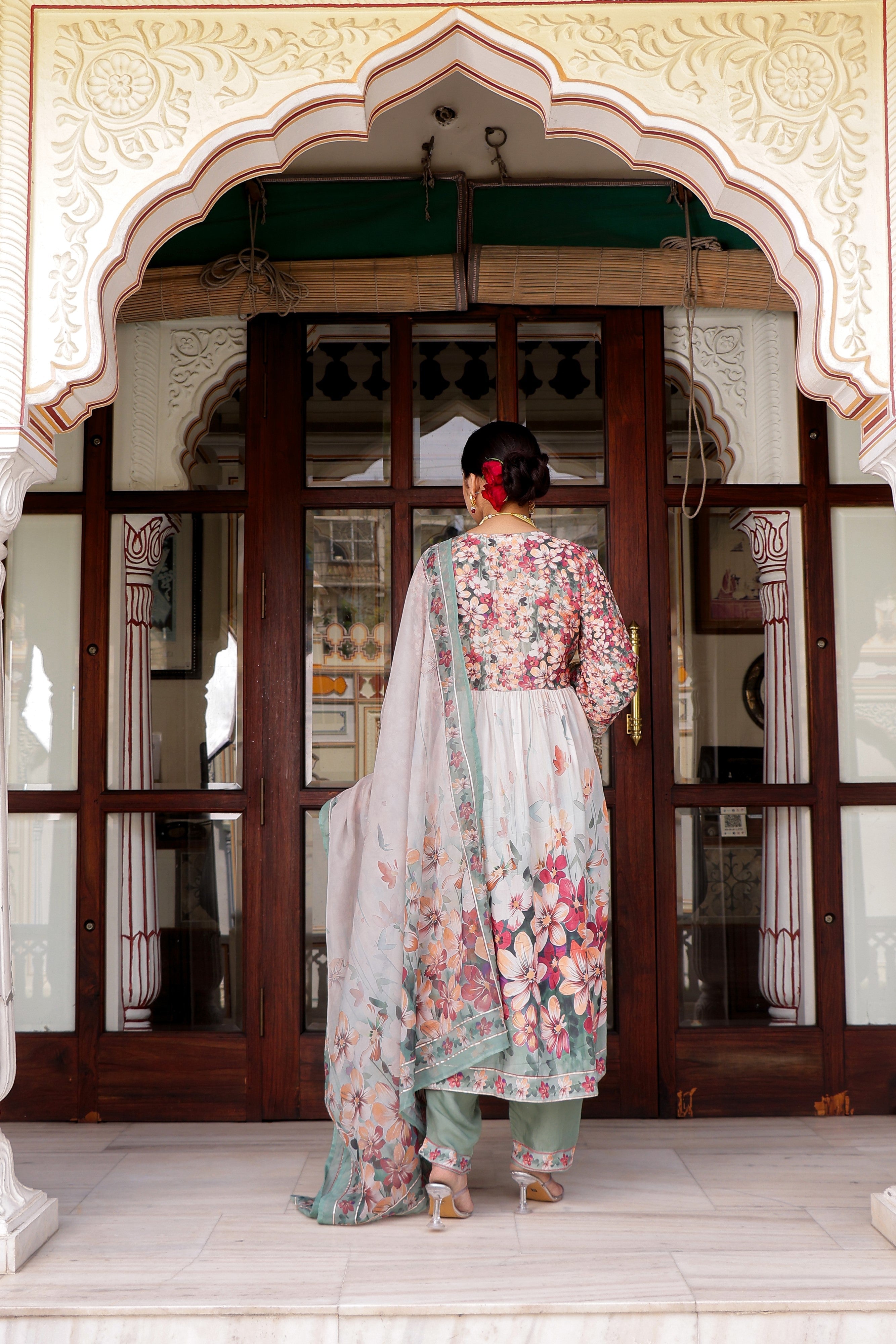 Maroon Floral printed Alia suit set with printed lace solid bottom & printed organza dupatta set