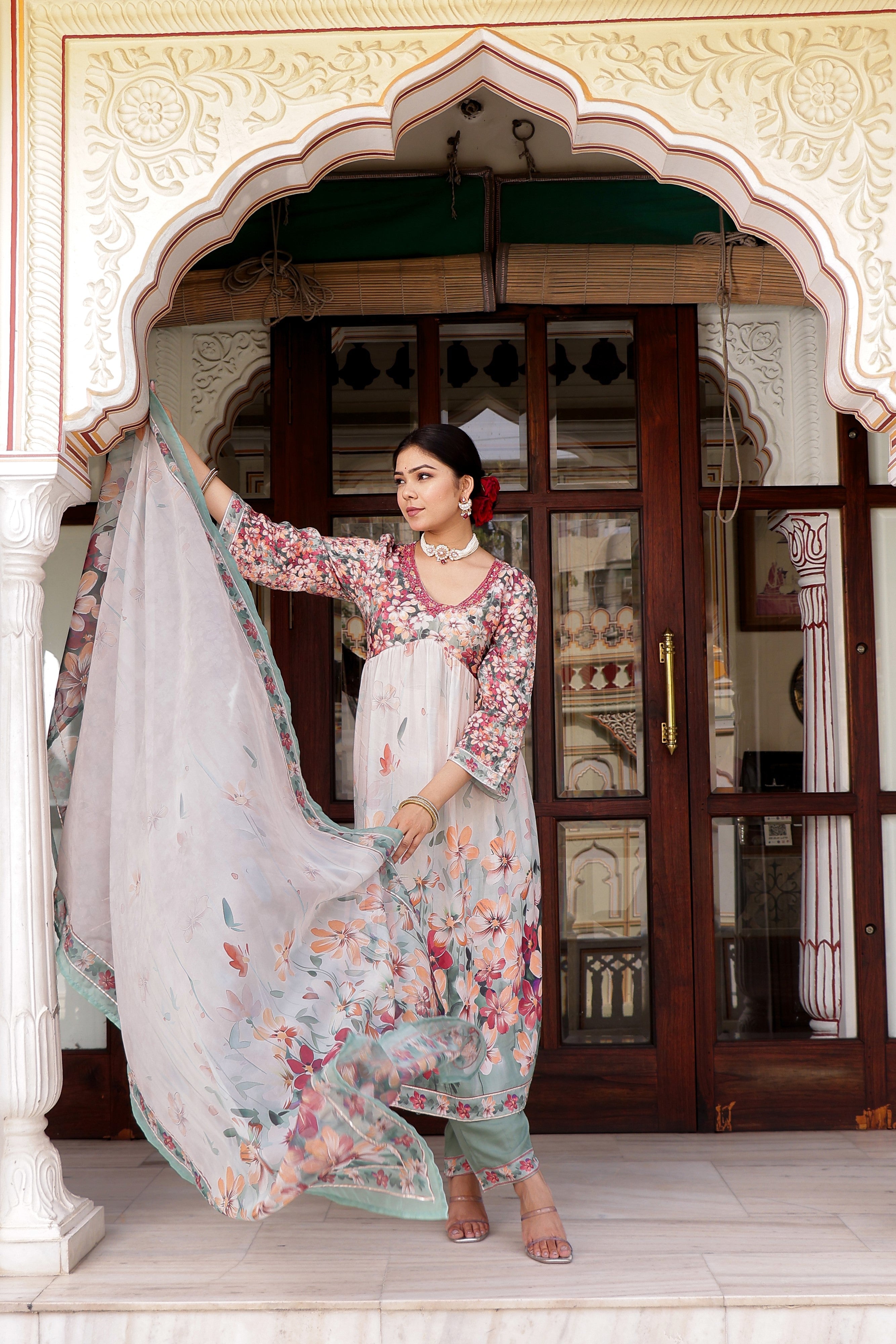 Maroon Floral printed Alia suit set with printed lace solid bottom & printed organza dupatta set