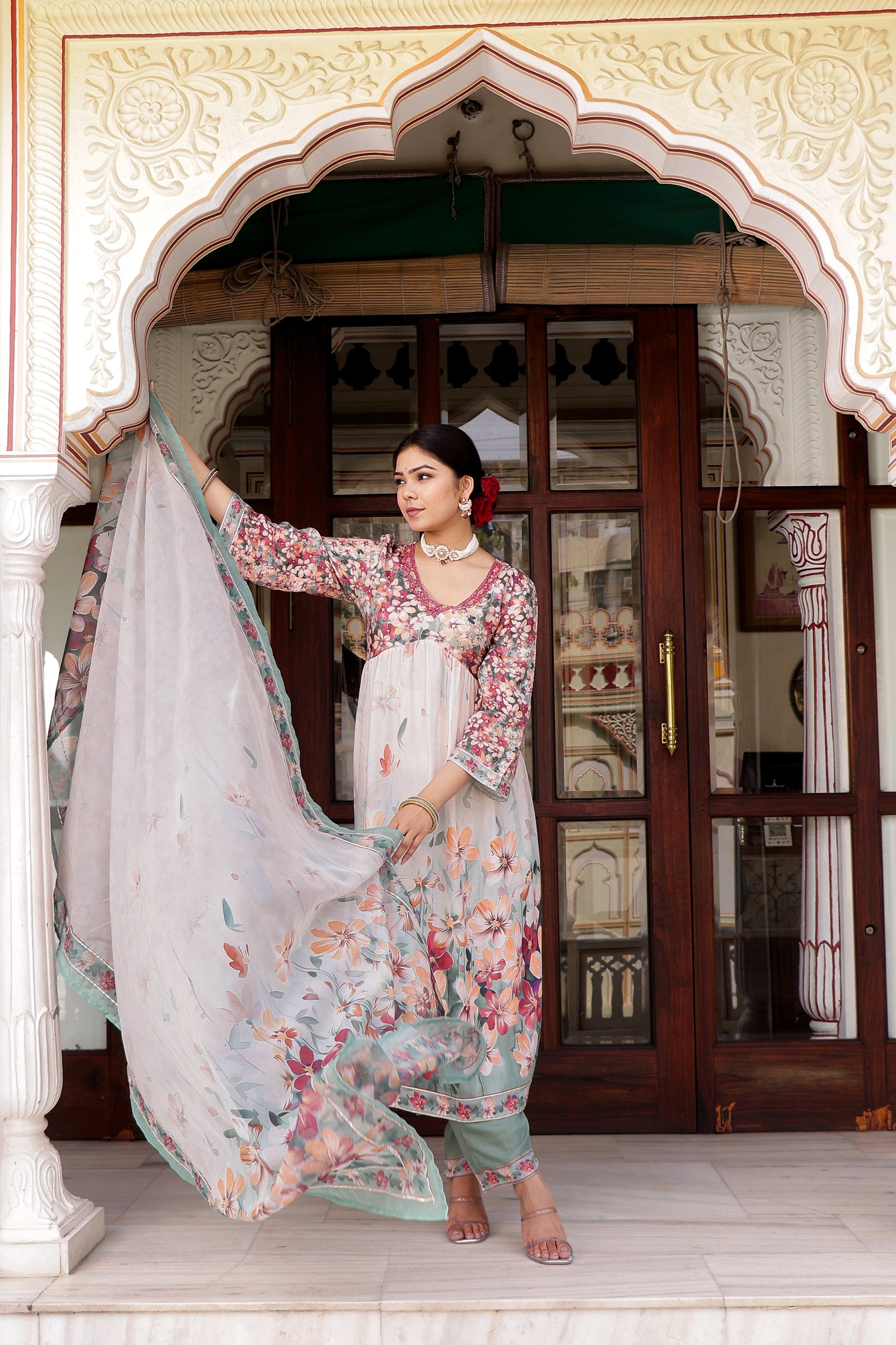 Maroon Floral printed Alia suit set with printed lace solid bottom & printed organza dupatta set