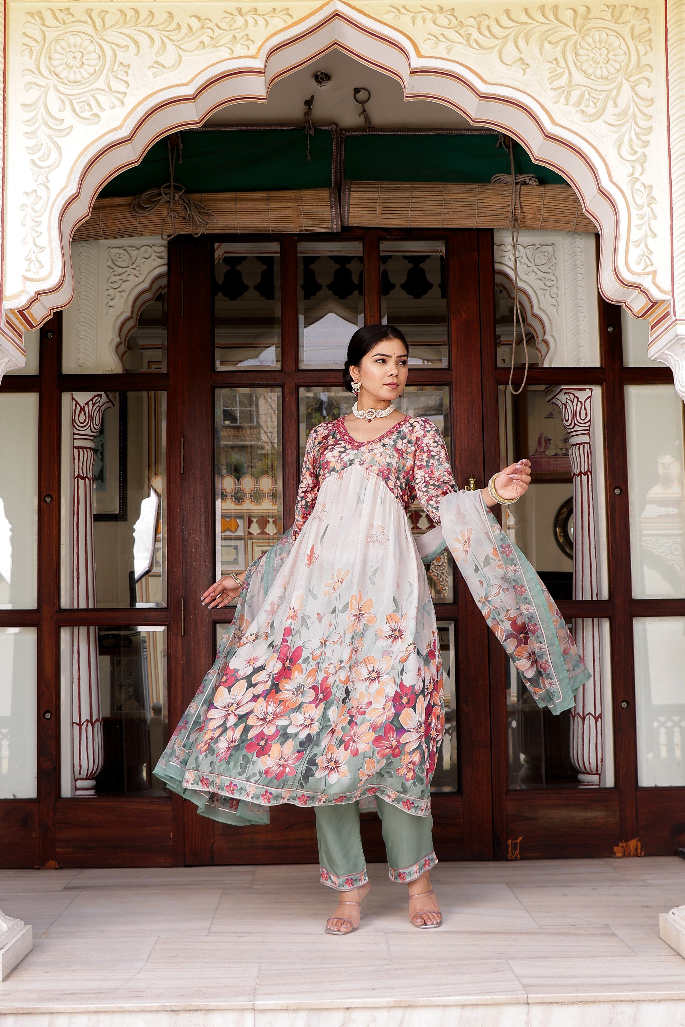 Maroon Floral printed Alia suit set with printed lace solid bottom & printed organza dupatta set