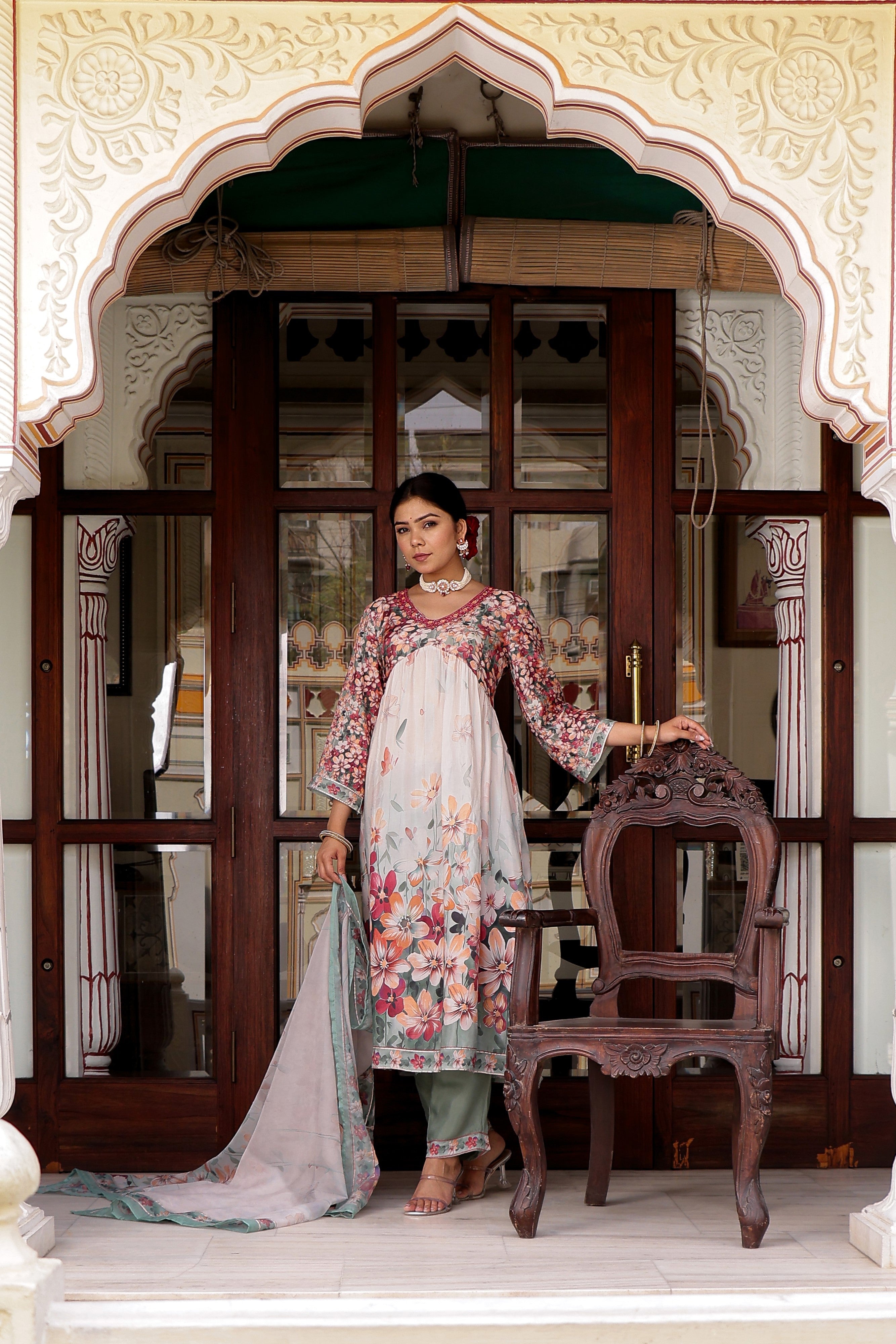 Maroon Floral printed Alia suit set with printed lace solid bottom & printed organza dupatta set